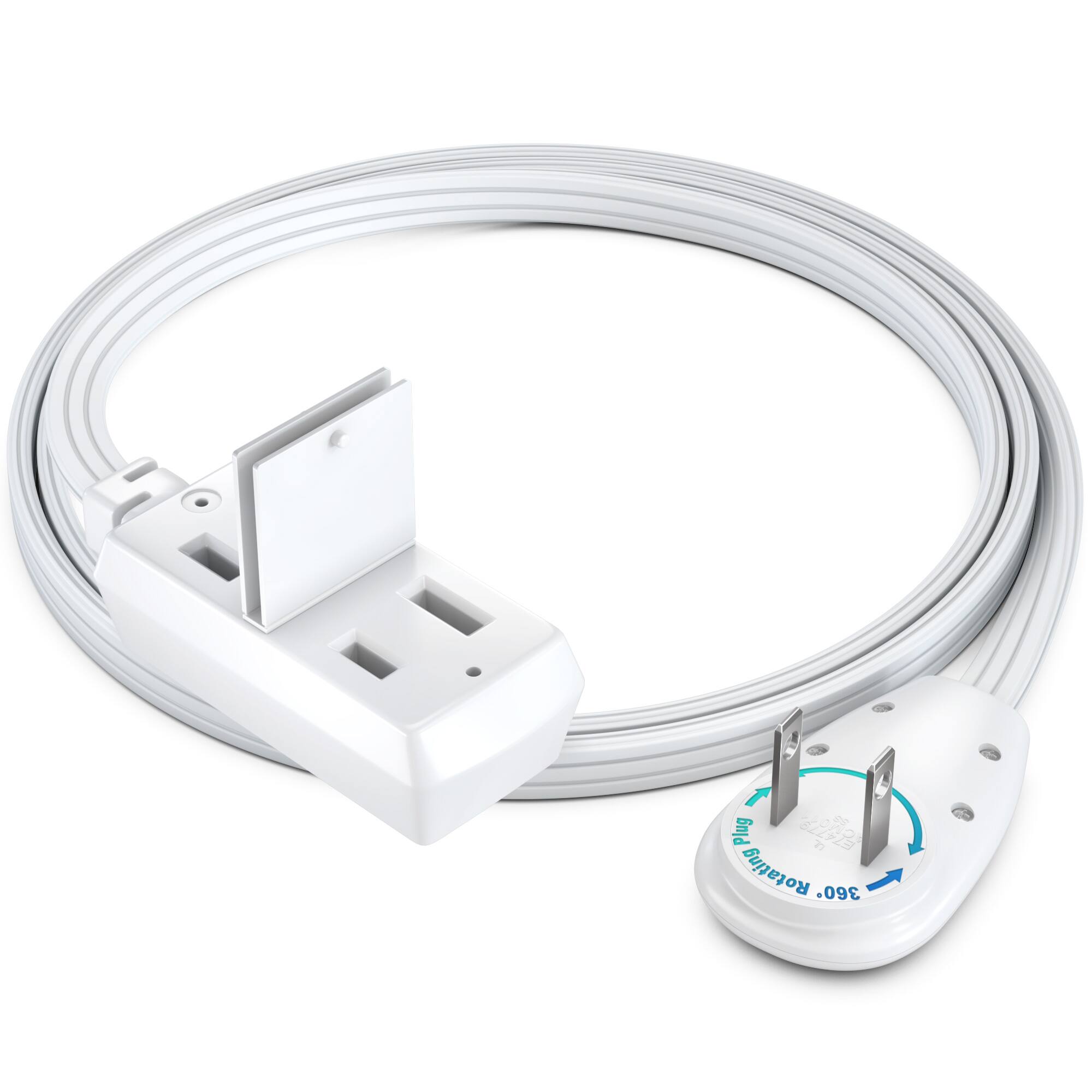 Maximm - 2ft 360° Rotating Flat Plug Extension Cord/Wire, 16 AWG Multi 3 Outlet, 2 Prong with Safety Cover - UL Certified - White