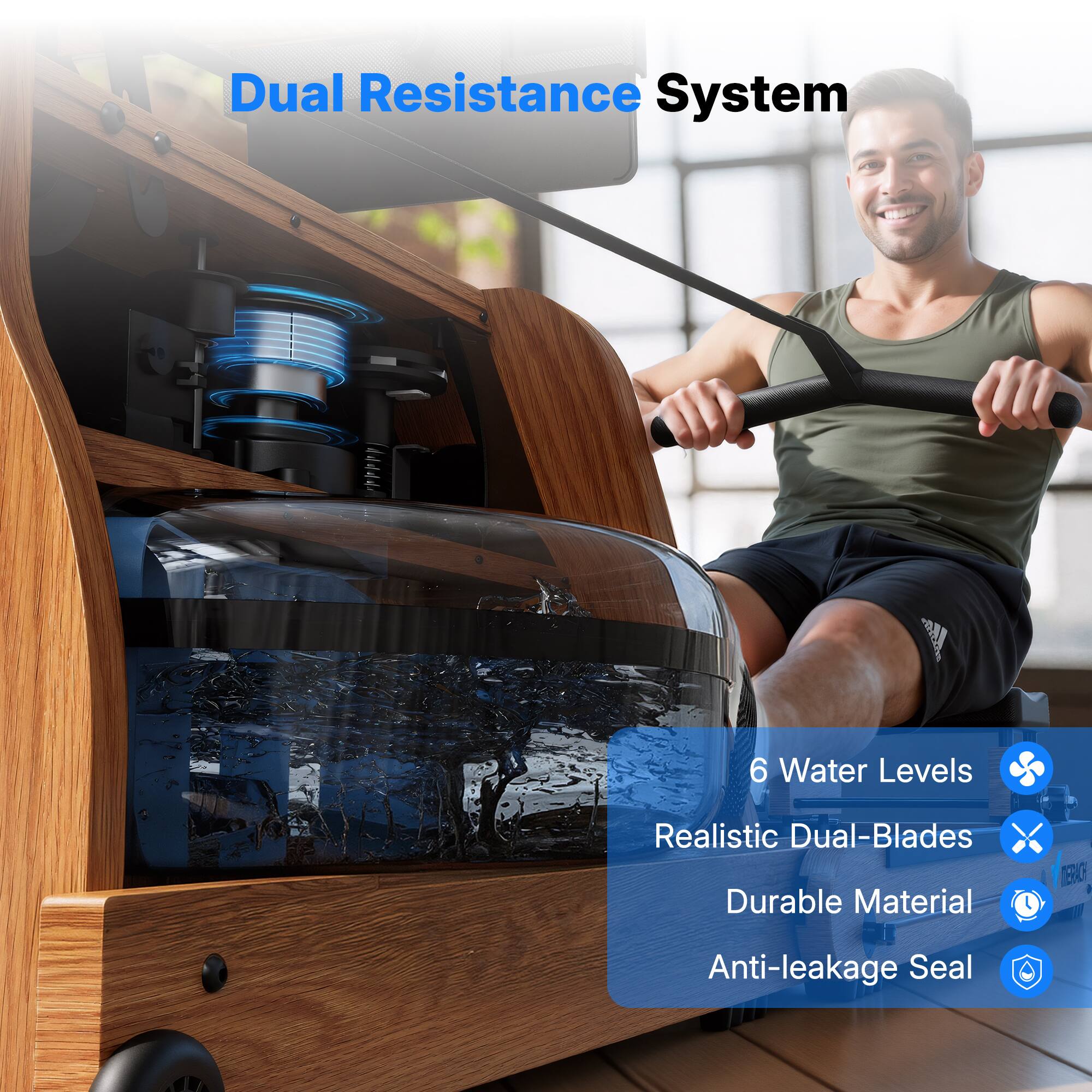 Dual Resistance System

- 6 Water Levels
- Realistic Dual-Blades
- Durable Material
- Anti-leakage Seal