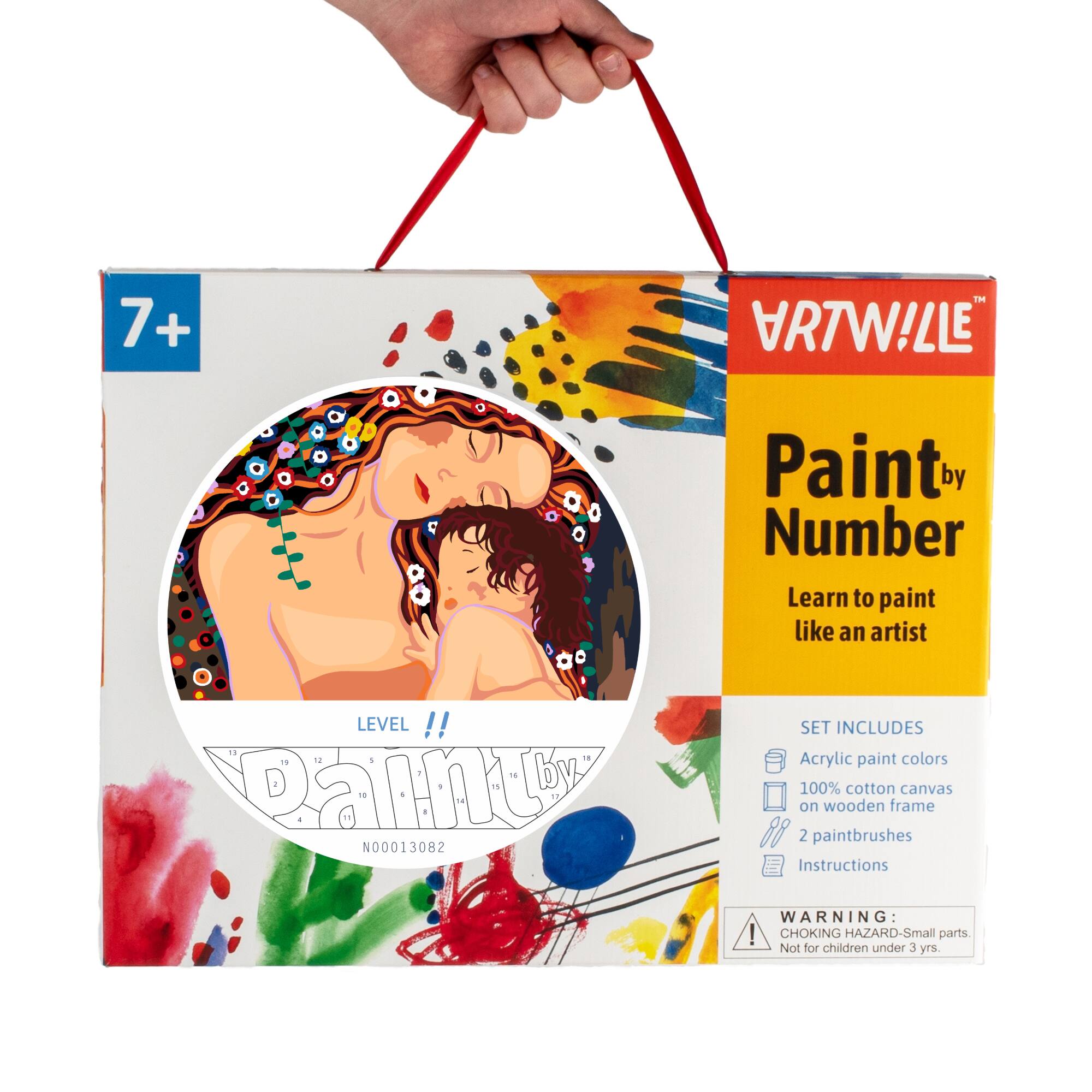 7+ M ICAA Paint by Number Learn to paint like an artist LEVEL !! .. -  Paint N00013082 SET INCLUDES Acrylic paint colors 100% cotton canvas on wooden frame 88 2 paintbrushes Instructions WARNING: ! CHOKING HAZARD-Small parts. Not for children under 3 yrs.
