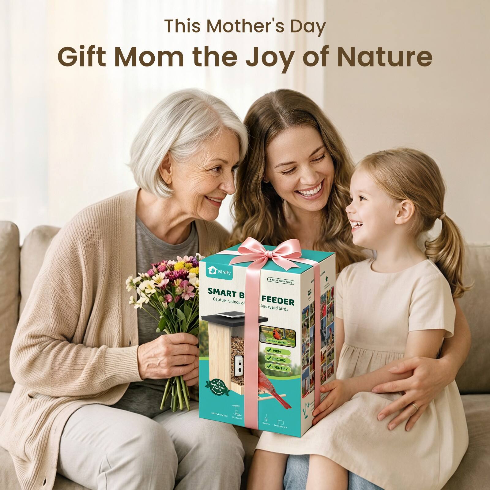 This Mother's Day  
Gift Mom the Joy of Nature  

Birdfy SMART B FEEDER  
Capture videos of backyard birds  
VIEW  
RECORD  
IDENTIFY