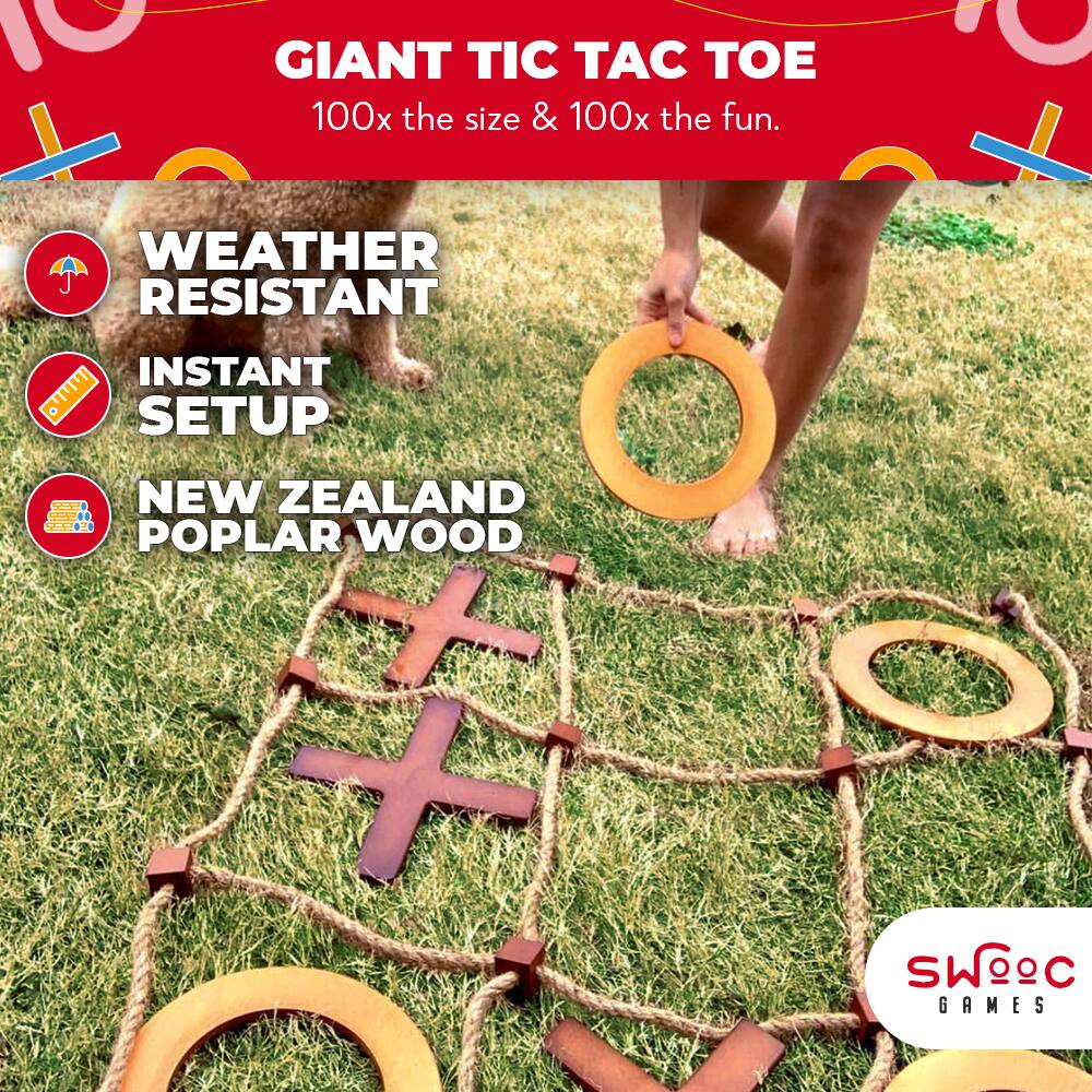 GIANT TIC TAC TOE  
100x the size & 100x the fun.

WEATHER RESISTANT  
INSTANT SETUP  
NEW ZEALAND POPLAR WOOD

SWC GAMES