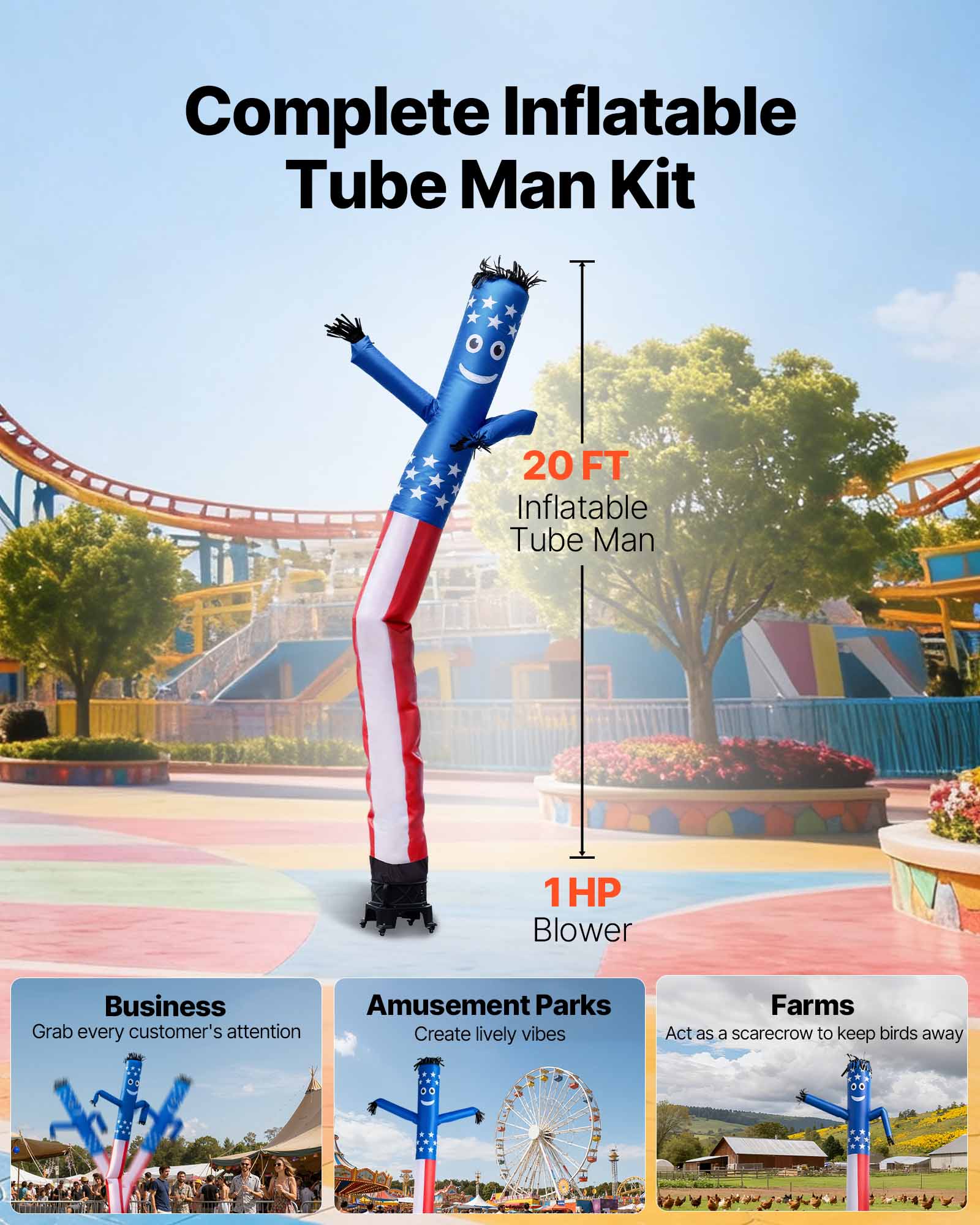 Complete Inflatable Tube Man Kit

20 FT Inflatable Tube Man

1HP Blower

Business: Grab every customer's attention

Amusement Parks: Create lively vibes

Farms: Act as a scarecrow to keep birds away