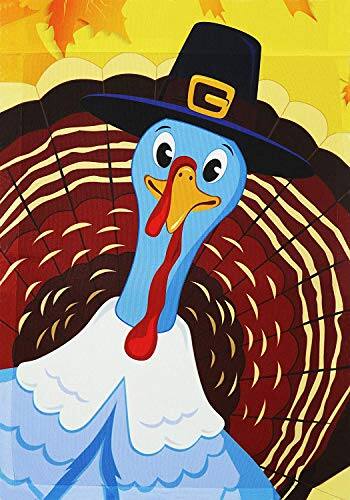 Left. G128 - Home Decorative Thanksgiving Garden Flag Joyful Pilgrim Turkey 12x18 in 150D Polyester Rustic Outdoor - Assorted Colors.
