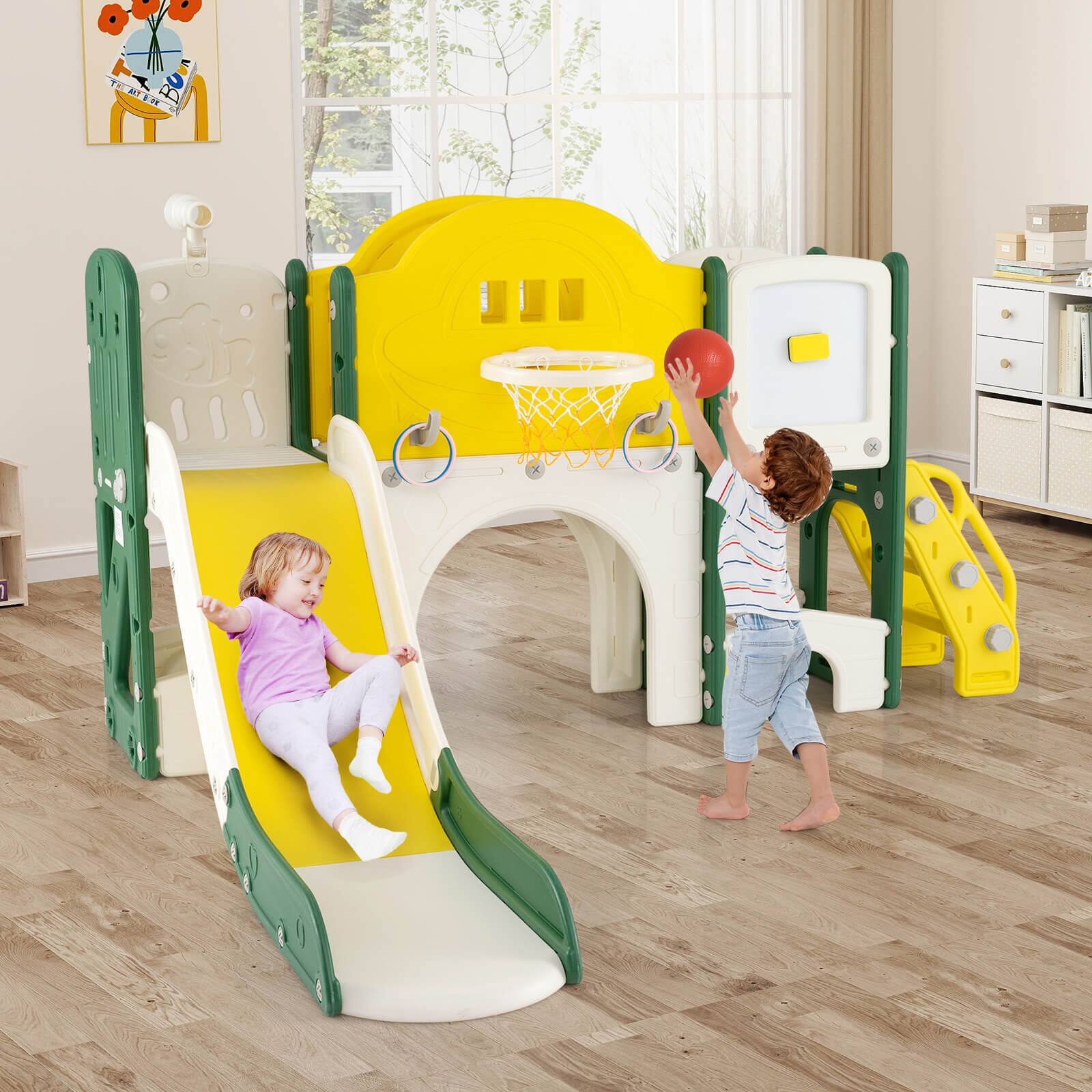 Alt View 1. Costway - Costway 10 in 1 Toddler Slide Set with Magnetic Whiteboard, Telescope Ring Toss for Ages 3+ - Green,Yellow.