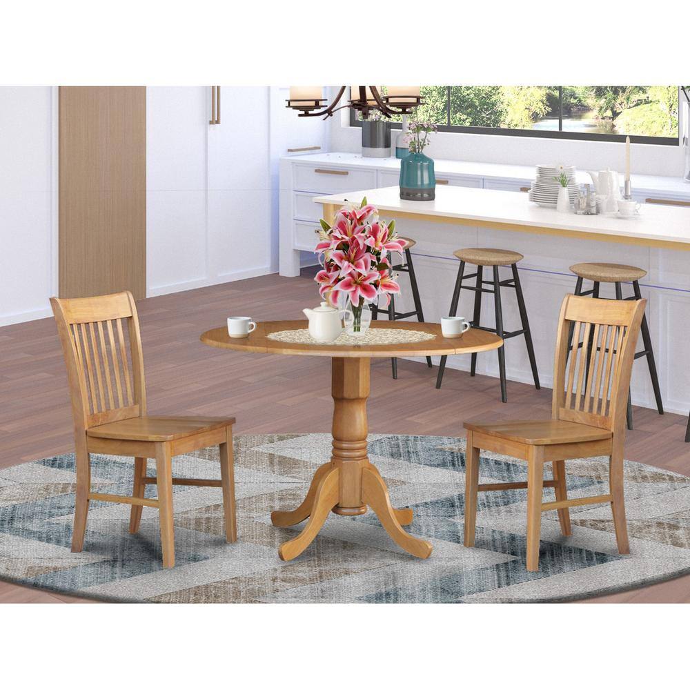 Back. East West Furniture - 3 Pc Kitchen nook Dining set-round Kitchen Table plus 2 dinette Chairs - Oak.