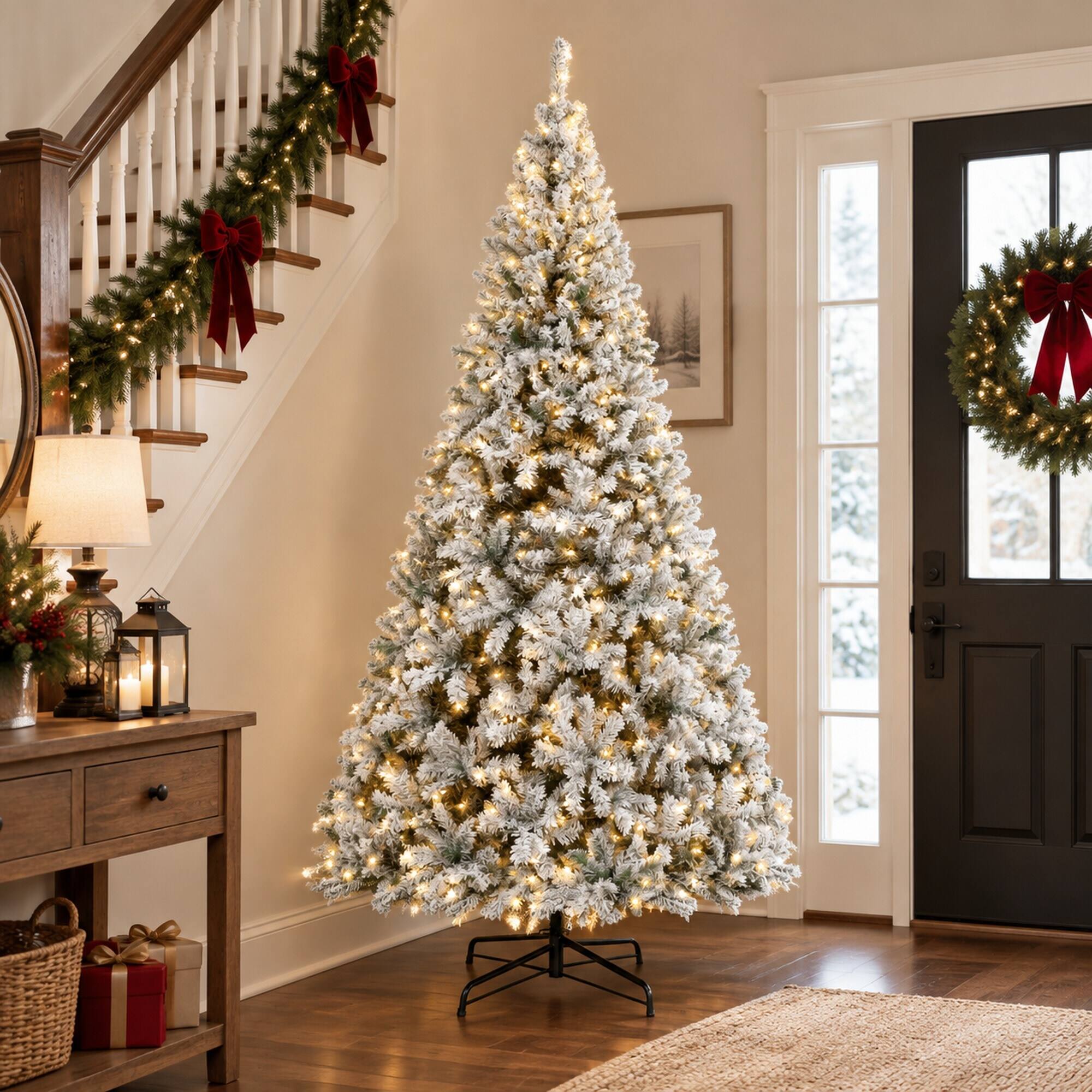 Alt View 1. RYHNUYNE - 9FT Pre-Lit Flocked Fraser Fir Christmas Tree With LED Lights and Hinged Branches, Foldable Metal Base - Green.