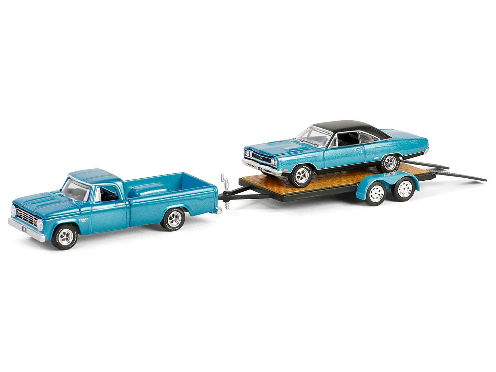 Left. Greenlight - 1969 Plymouth GTX and 1967 Dodge D-200 Pickup Turquoise Metallic Flatbed Trailer Graveyard Carz Hollywood Hitch 1/64 - Turquoise Metallic.