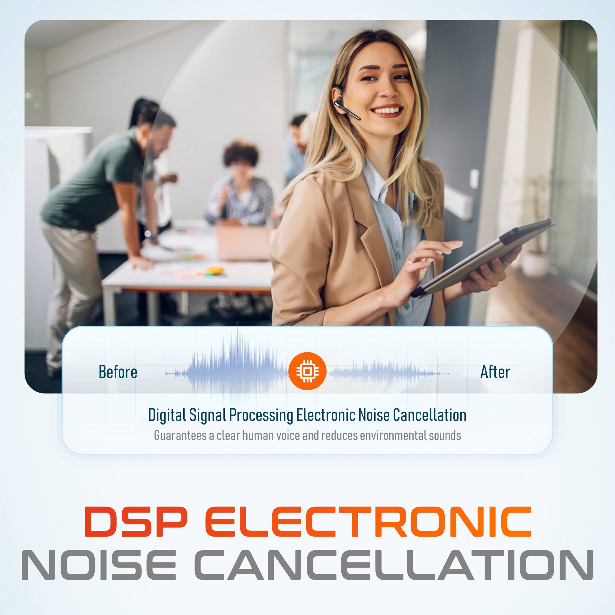 Before, After, Digital Signal Processing Electronic Noise Cancellation, Guarantees a clear human voice and reduces environmental sounds, DSP ELECTRONIC NOISE CANCELLATION