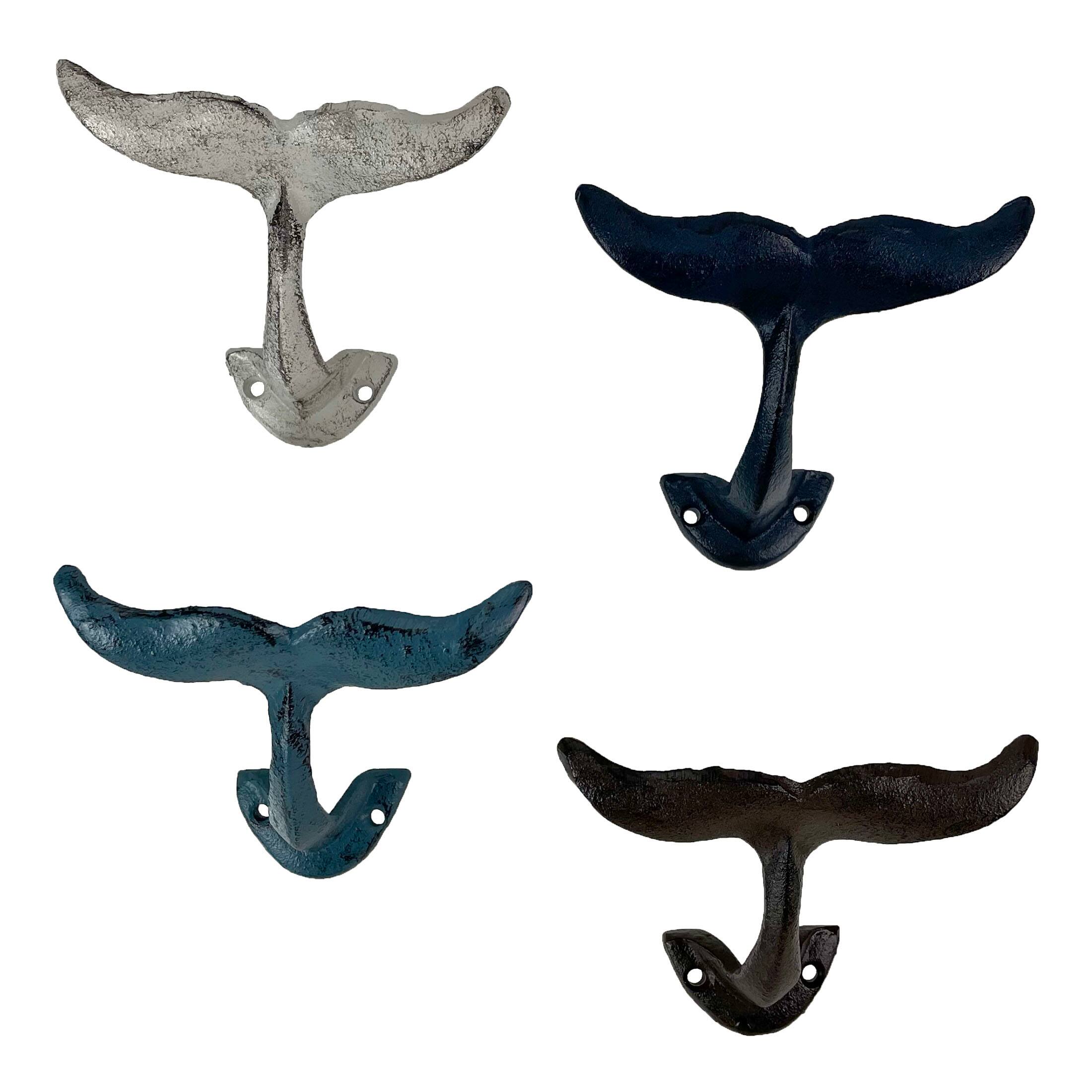Alt View 1. Zeckos - Zeckos Colorful Coastal Cast Iron Whale Tail Set of 4 Wall Hooks - Natural.