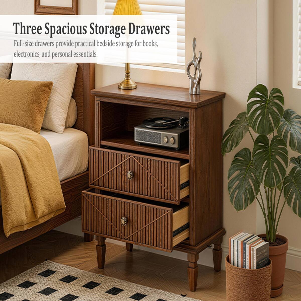 Three Spacious Storage Drawers  
Full-size drawers provide practical bedside storage for books, electronics, and personal essentials.