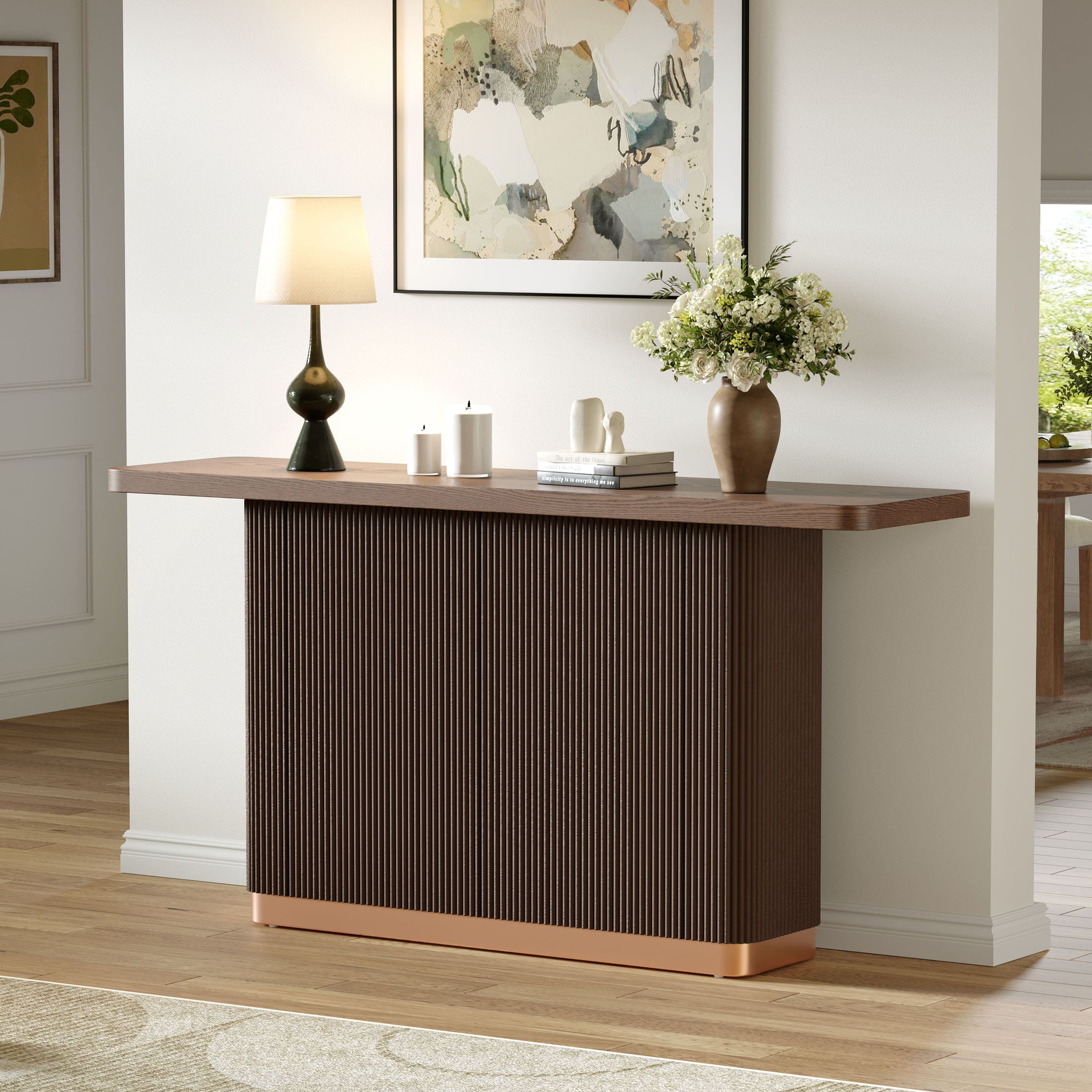 TinyHomie - Console Table for Entryway Ash Veneer Top Fluted Base with Metal Accent Modern Hallway Table - Brown
