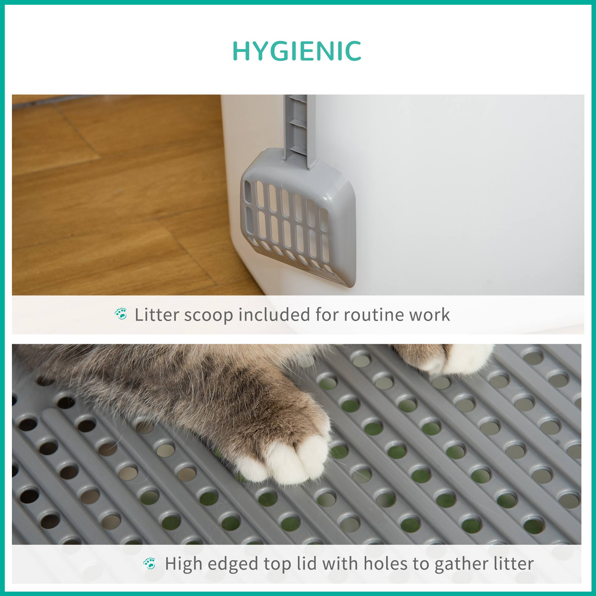 HYGIENIC

- Litter scoop included for routine work
- High edged top lid with holes to gather litter