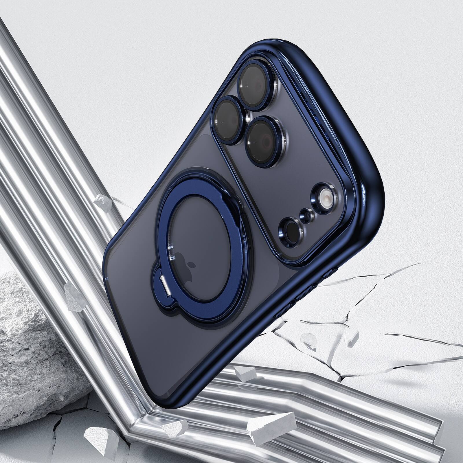 Left. Dteck - Magnetic Case for Apple iPhone 17 Pro Max with 360 Ring Stand and Strap, Shockproof TPU Cover Built-in Lens Protector - Blue.