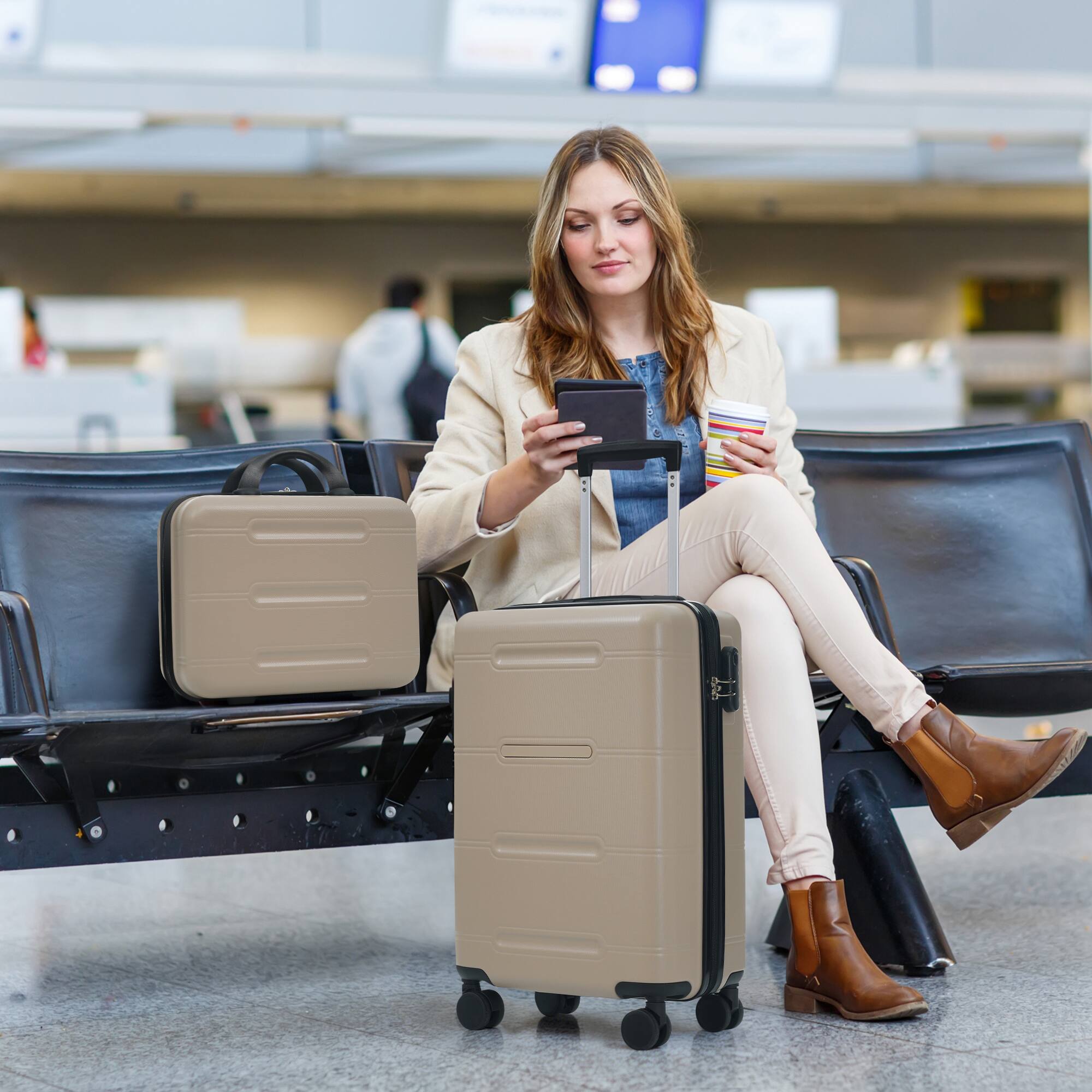 Alt View 1. Ecooso - 6-Piece ABS Hard Shell Luggage Set with Double Spinner Wheels, Password Lock, 14" Case, Duffel & Toiletry Bag - khaki.