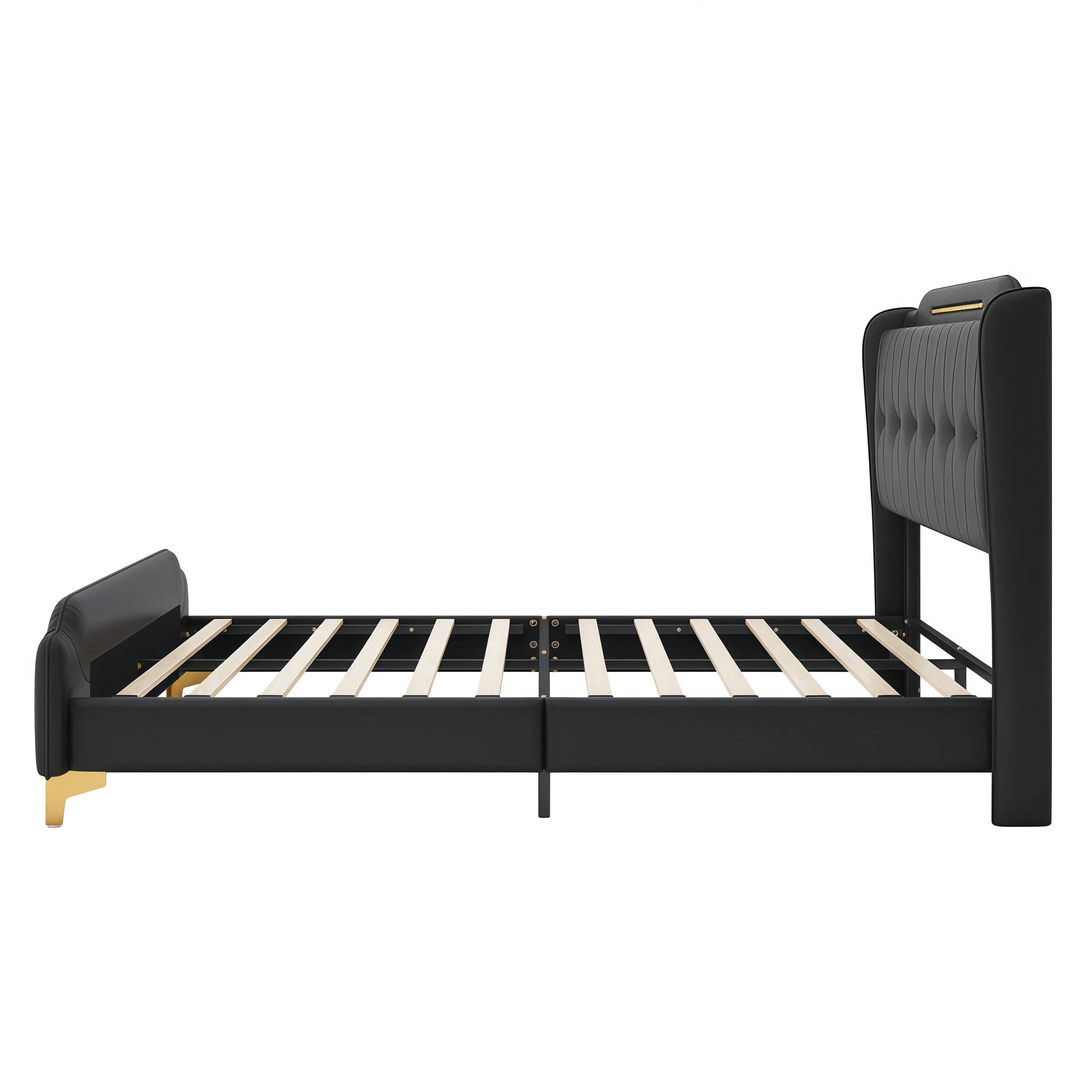 Alt View 5. LUCKY ONE - Queen Size PU Leather Upholstered Bed Frame with Wingback Headboard - Black.