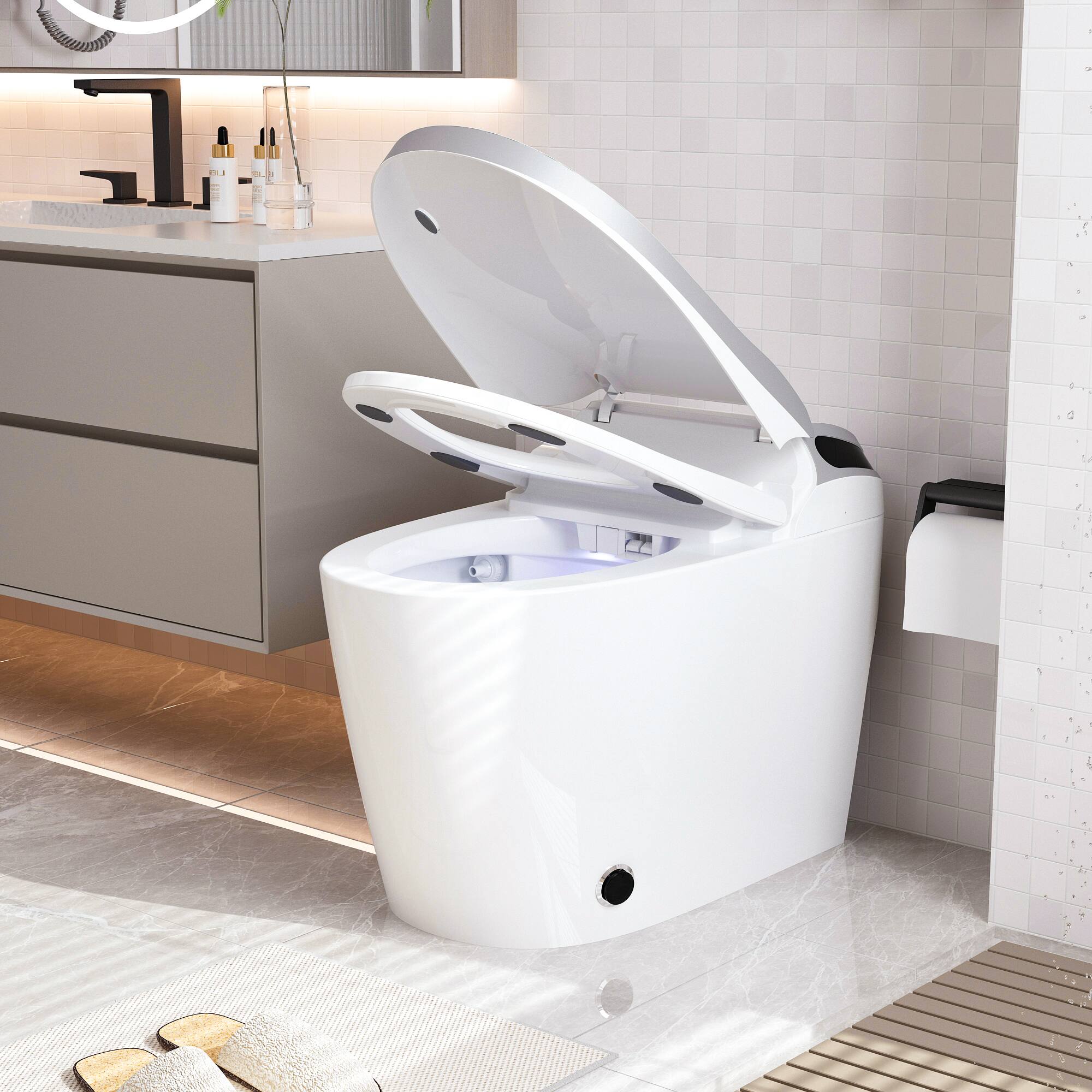 Back. Famapy - Smart Bidet Toilet with Heated Seat, 110V One-Piece Toilet with Auto Flush, Warm Air Dryer & 305mm Rough-In - White.