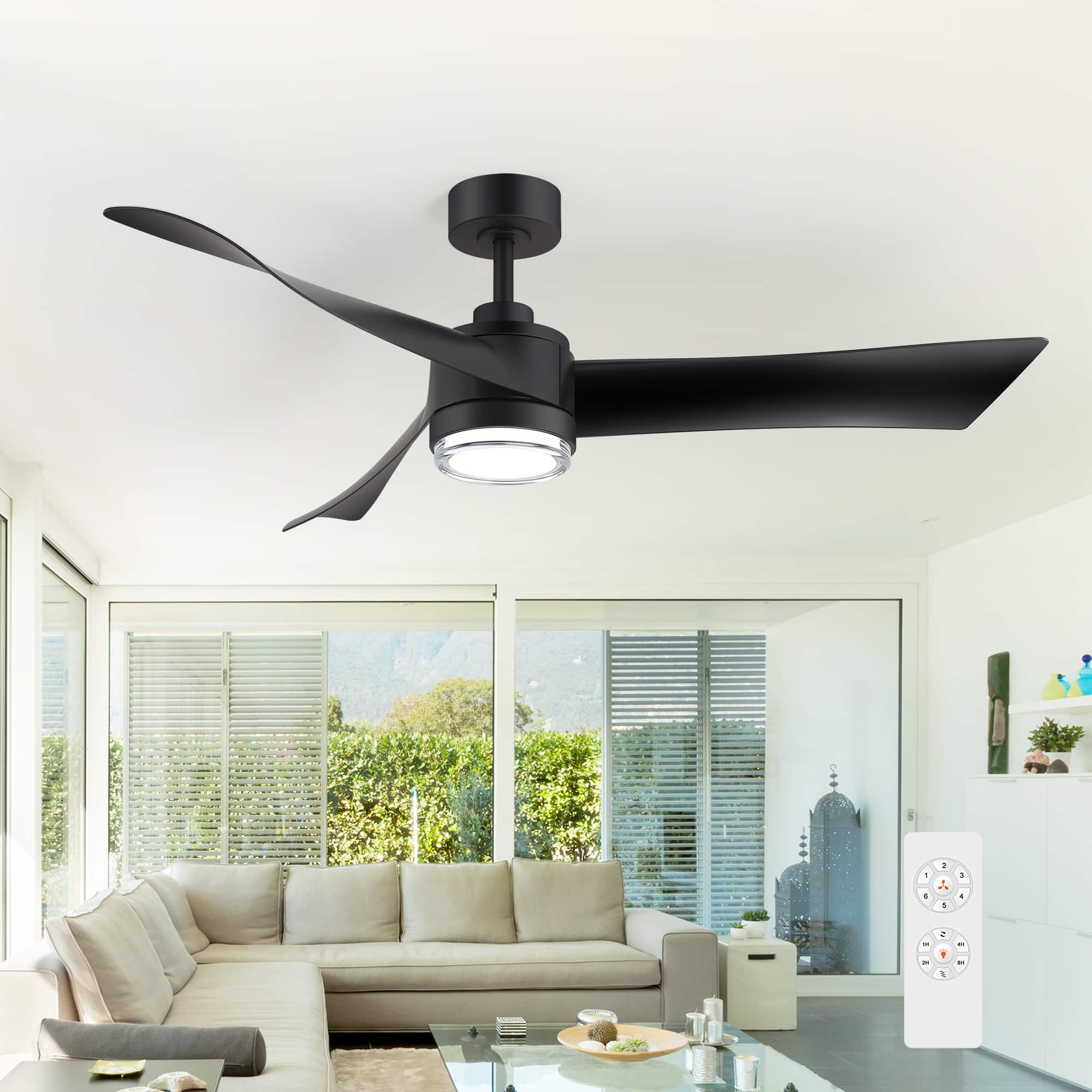 Breezary - 54-Inch Modern LED Ceiling Fan with Remote, Dual-layer acrylic shade, 3 ABS Blades, 6-Speed DC Motor, Reversible & Timer - Black