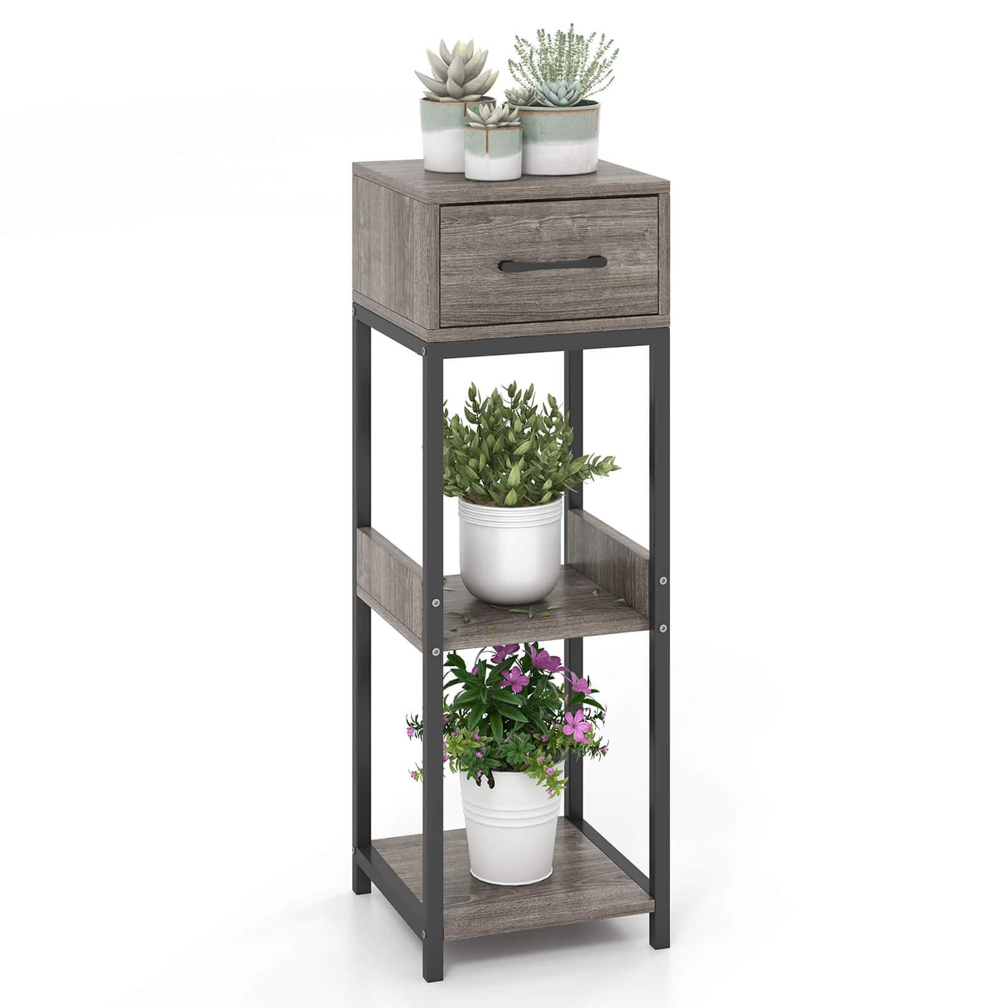 Costway - 1 Pack 3 Tier Indoor Tall Plant Stand with Drawer Anti-tipping Devices Display Shelf - Gray