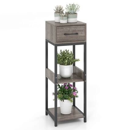Front. Costway - 1 Pack 3 Tier Indoor Tall Plant Stand with Drawer Anti-tipping Devices Display Shelf - Grey.