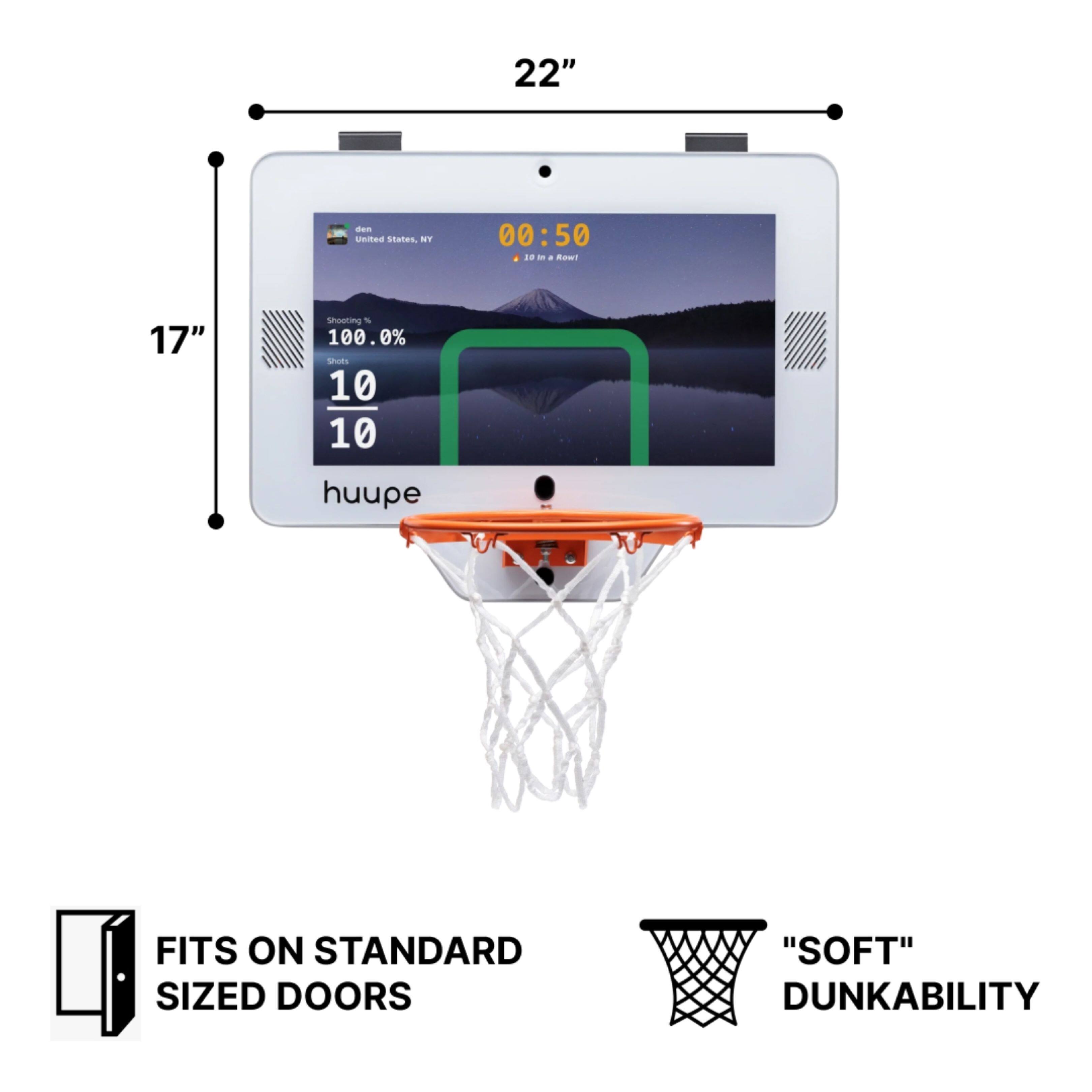 The image features a basketball hoop that is 22 inches in diameter. The hoop is made by the company Hup, and it is designed to fit on standard-sized doors. The hoop has a shooting percentage of 100.0%, and it is advertised as having "soft" dunkability.