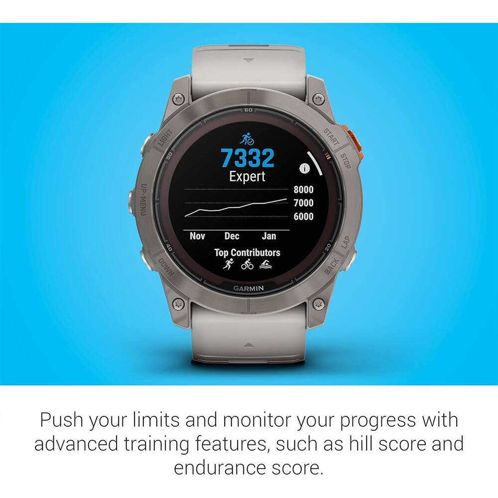60 UP-MENU LIGHT 50 40 DOWN START 7332 STOP i Expert 8000 7000 6000 Nov Dec Jan 20 LAP Top Contributors BACK GARMIN

Push your limits and monitor your progress with advanced training features, such as hill score and endurance score.