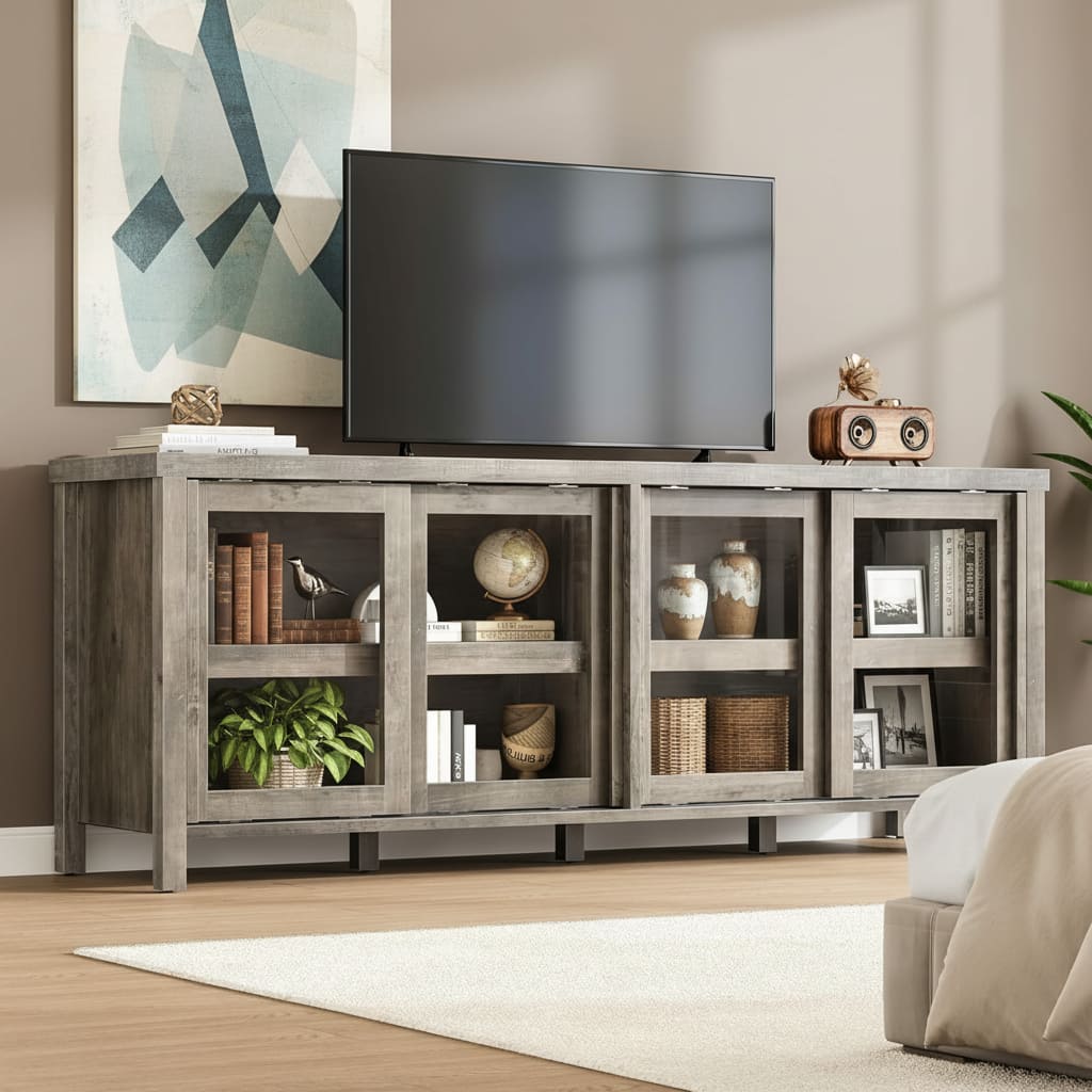 GARVEE - TV Stand, with 4 Sliding Glass Doors & Storage Cabinet - Gray