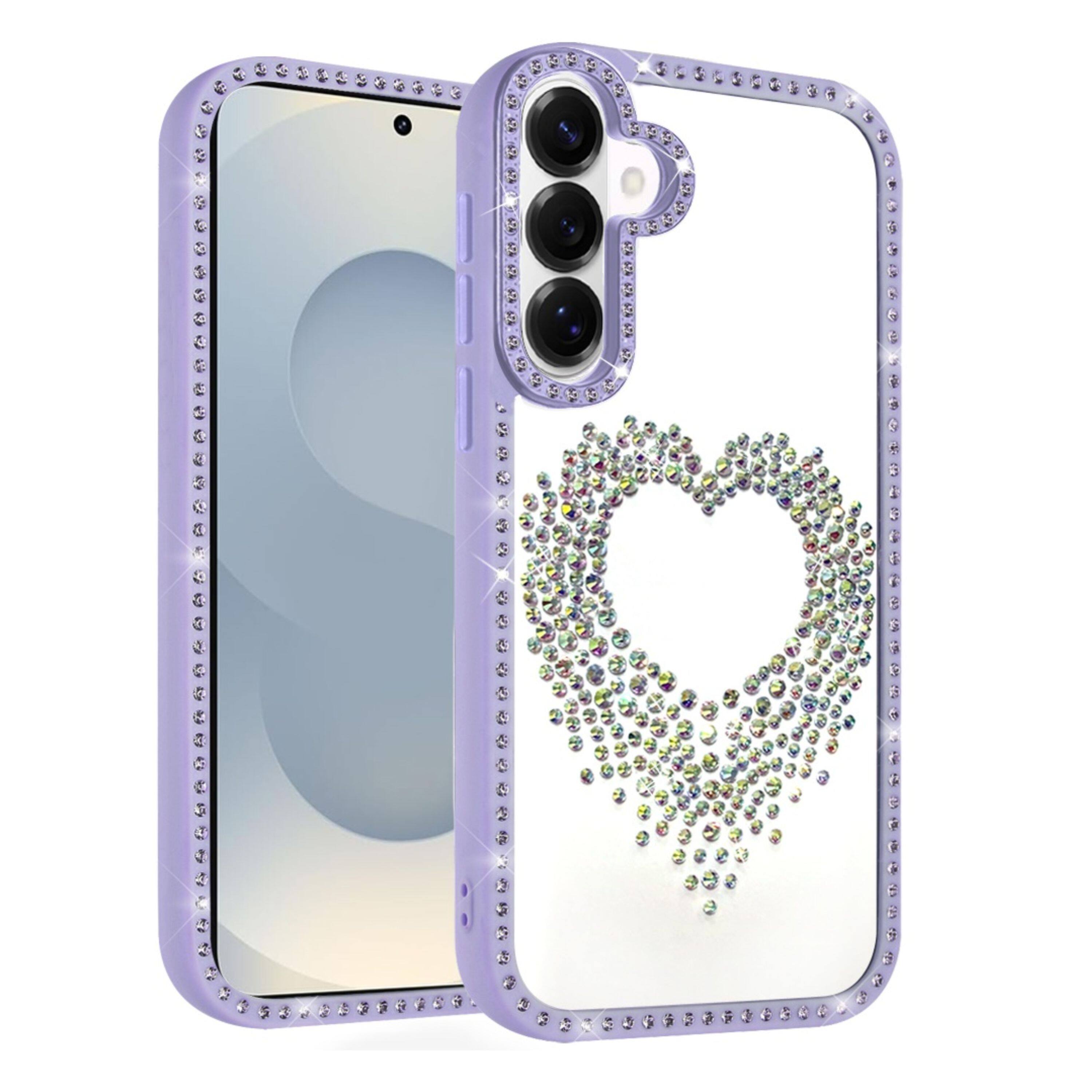 Front. Kitcheniva - Heart Shaped Crystals Design Phone Case With Tempered Glass For Samsung S26 Purple - Purple.