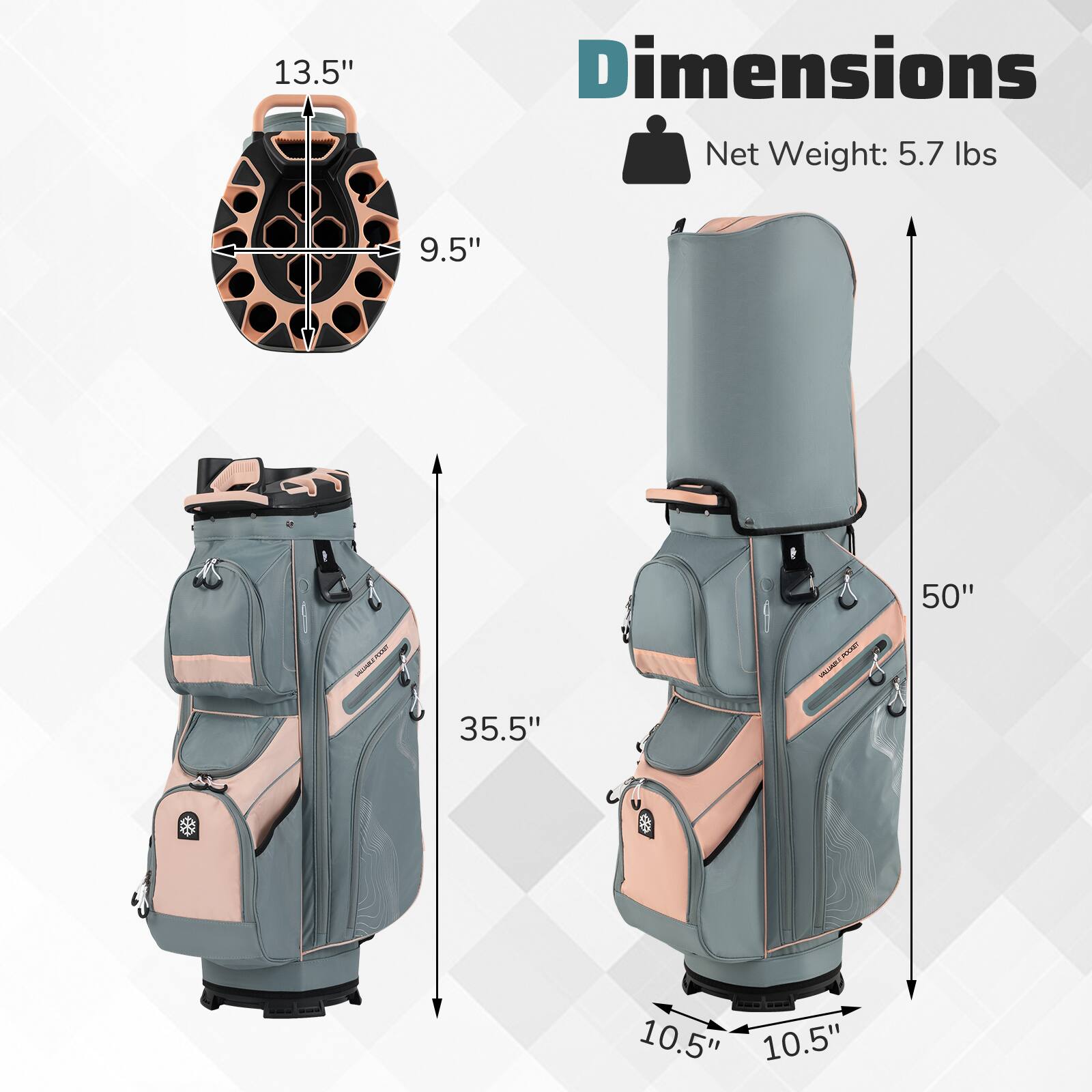 Dimensions  
Net Weight: 5.7 lbs  

13.5" x 9.5"  
50" H  
35.5"  
10.5" x 10.5"