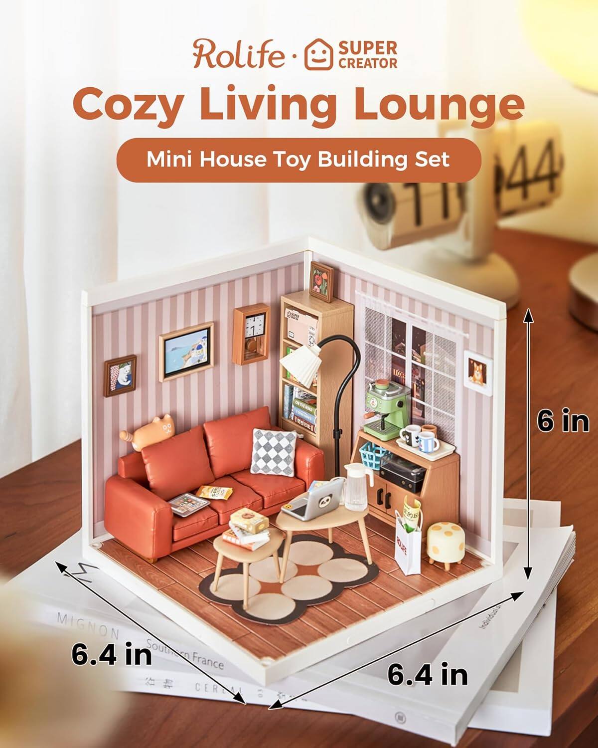 Rolife SUPER CREATOR Cozy Living Lounge Mini House Toy Building Set  
44 O Meca 00 WNS featel  
6 in R MIGNON 6.4 in Southern France  
4 CERN 03 6.4 in