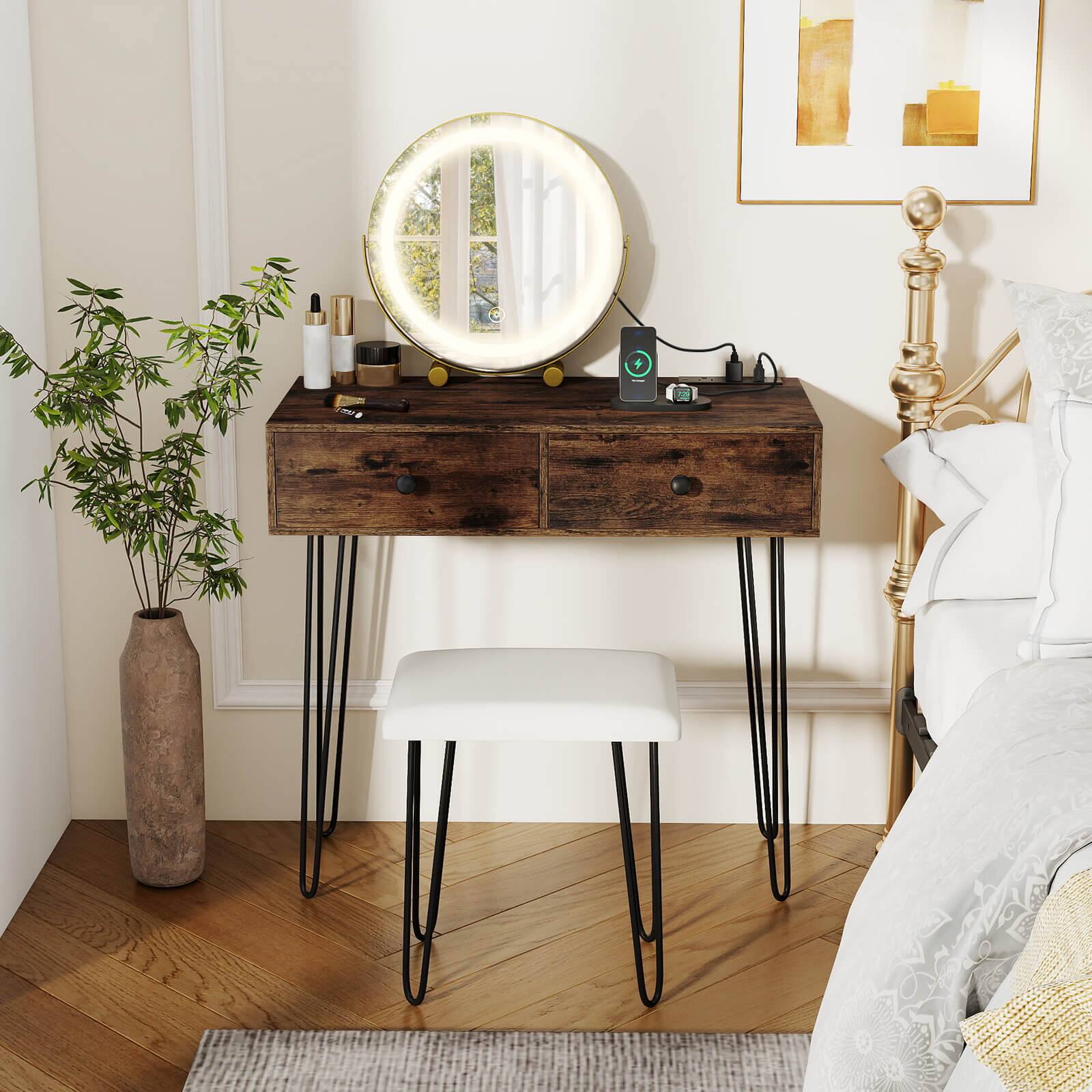 Alt View 4. Costway - Costway Vanity Desk with Mirror & Lights, Built-in Charging Station, 2 Drawers for Bedroom - Rustic Brown.