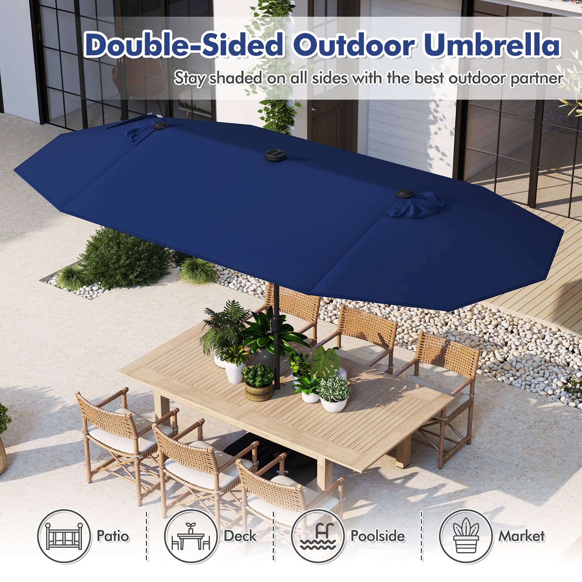 Double-Sided Outdoor Umbrella  
Stay shaded on all sides with the best outdoor partner  

Patio  
Deck  
Poolside  
Market