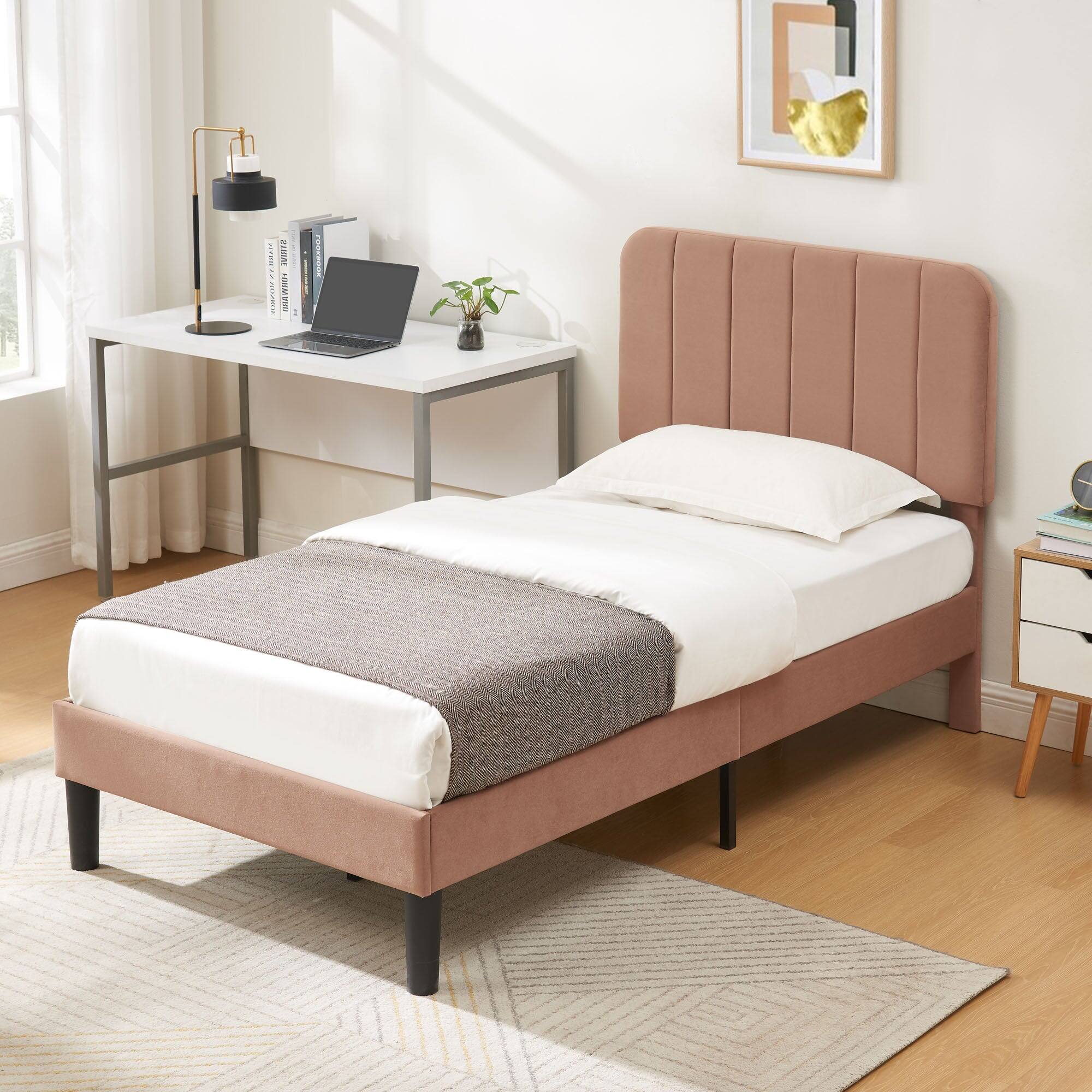 Alt View 2. Vecelo - Twin Bed Frame w/ Padded Headboard & Platform, Reinforced Wood Slats - No Box Spring, Velvet Dark Blue - Easy Assembly - Brown.