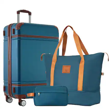 Front. Ecooso - 3-Piece Expandable ABS Spinner Luggage Set with TSA Lock, 24-Inch Suitcase, Travel Duffel, and Toiletry Bag - Blue.