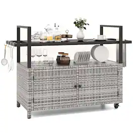 Costway - Outdoor Bar Cart with Tempered Glass Top Storage Cabinet & 8 Hooks for Porch - Gray