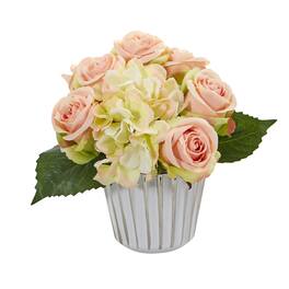 BreeBe - 8" Rose and Hydrangea Bouquet in White and Silver Vase - Pink