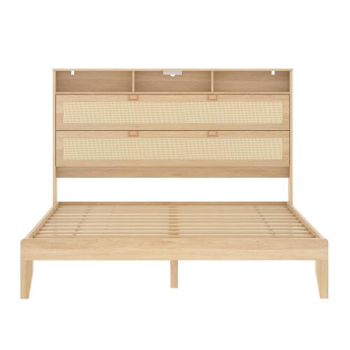 Alt View 1. Winado - Bed Frame with Storage Headboard and Charging Station, Rattan Platform Bed Wood Bed with Shelves, No Box Spring Needed - Natural,Full Size.