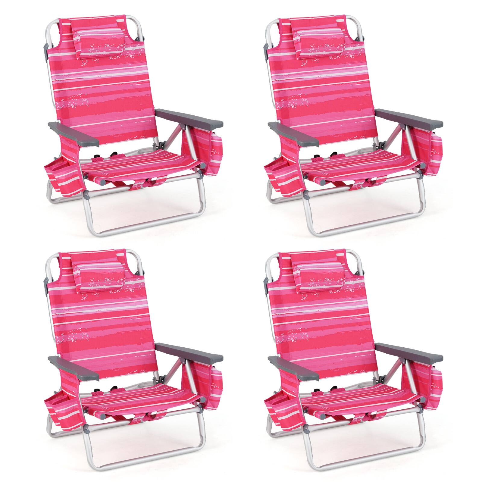 Gymax - 4 PCS Beach Chair 5-Position Outdoor Reclining Chairs w/ Head Pillow & Storage Bag - Pink