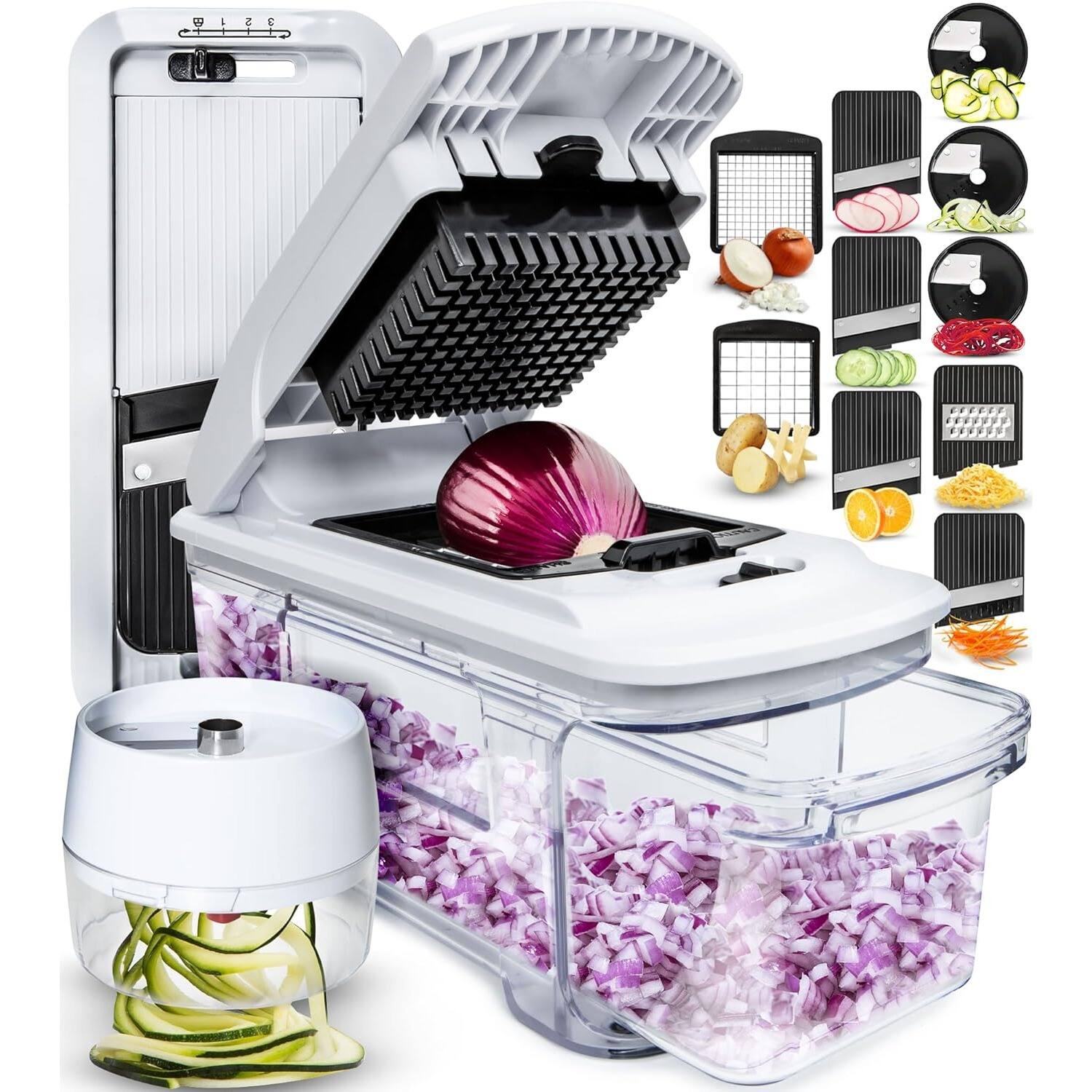 PARKER SLATER - 6-in-1 Vegetable Chopper and Mandoline Slicer – Cheese Grater, Fry Cutter, Slicer with Spiralizer – - Black/White