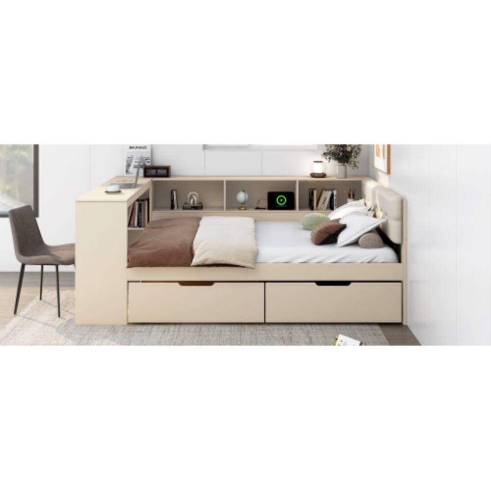 Alt View 5. LUCKY ONE - Full Size Wood Platform Bed with Storage Shelves, Drawers, USB Charging Station, Upholstered Headboard - Cream.