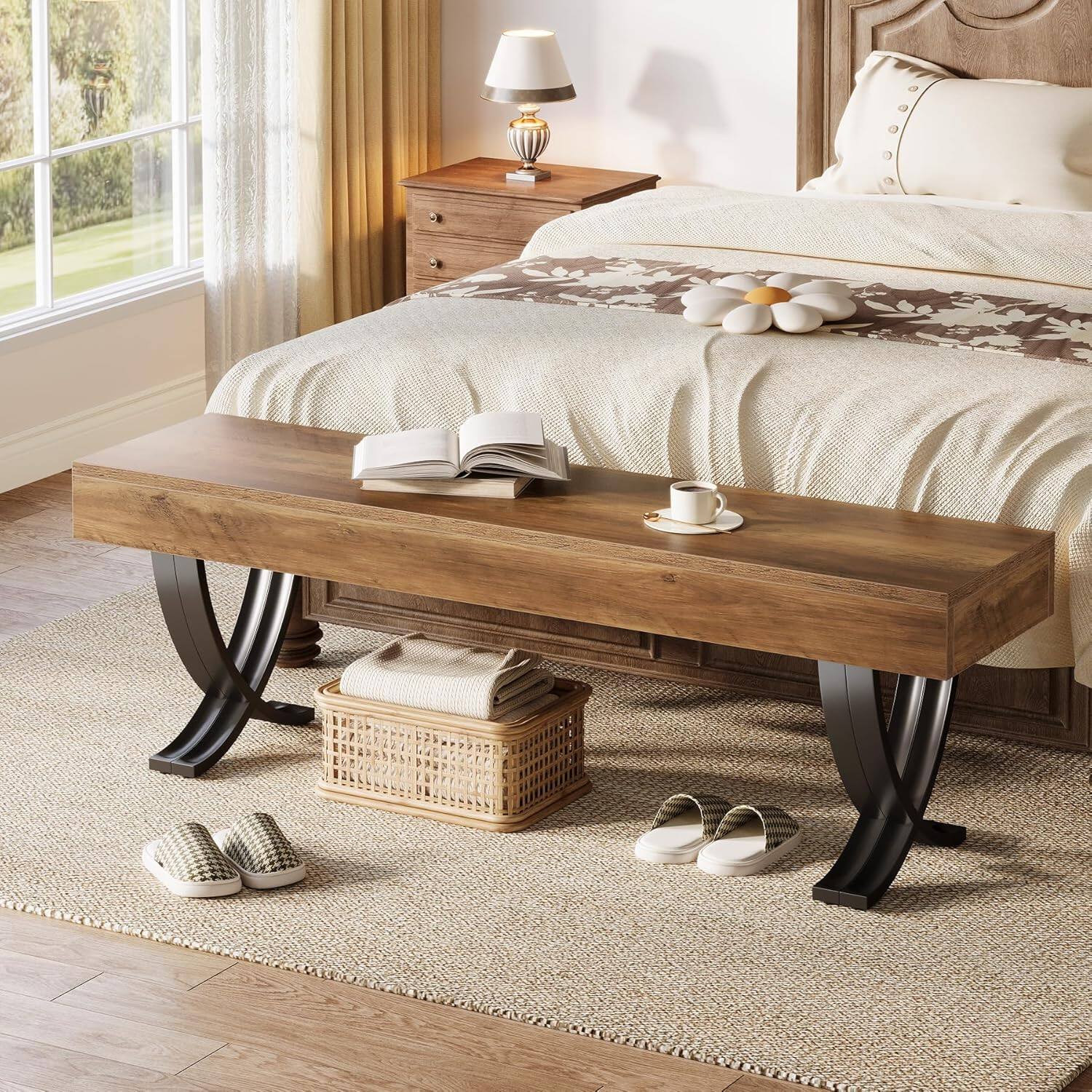 Back. Tribesigns - Office Reception Bench with Engineered Wood Construction, Metal Frame, for Office Entryways and Waiting Areas - Brown.