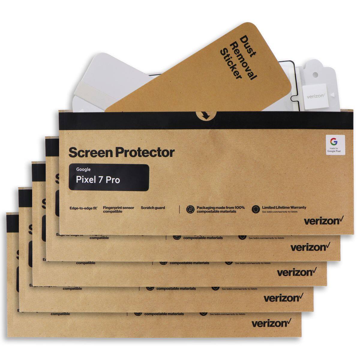 Dust Sticker Removal  
Verizon Screen Protector G - Google Pixel 7 Pro  
Edge-to-edge Fit  
Fingerprint Sensor  
Scratch Guard  
Packaging made from 100% compostable materials  
Limited Lifetime Warranty  

Verizon  
Compatible compostable materials