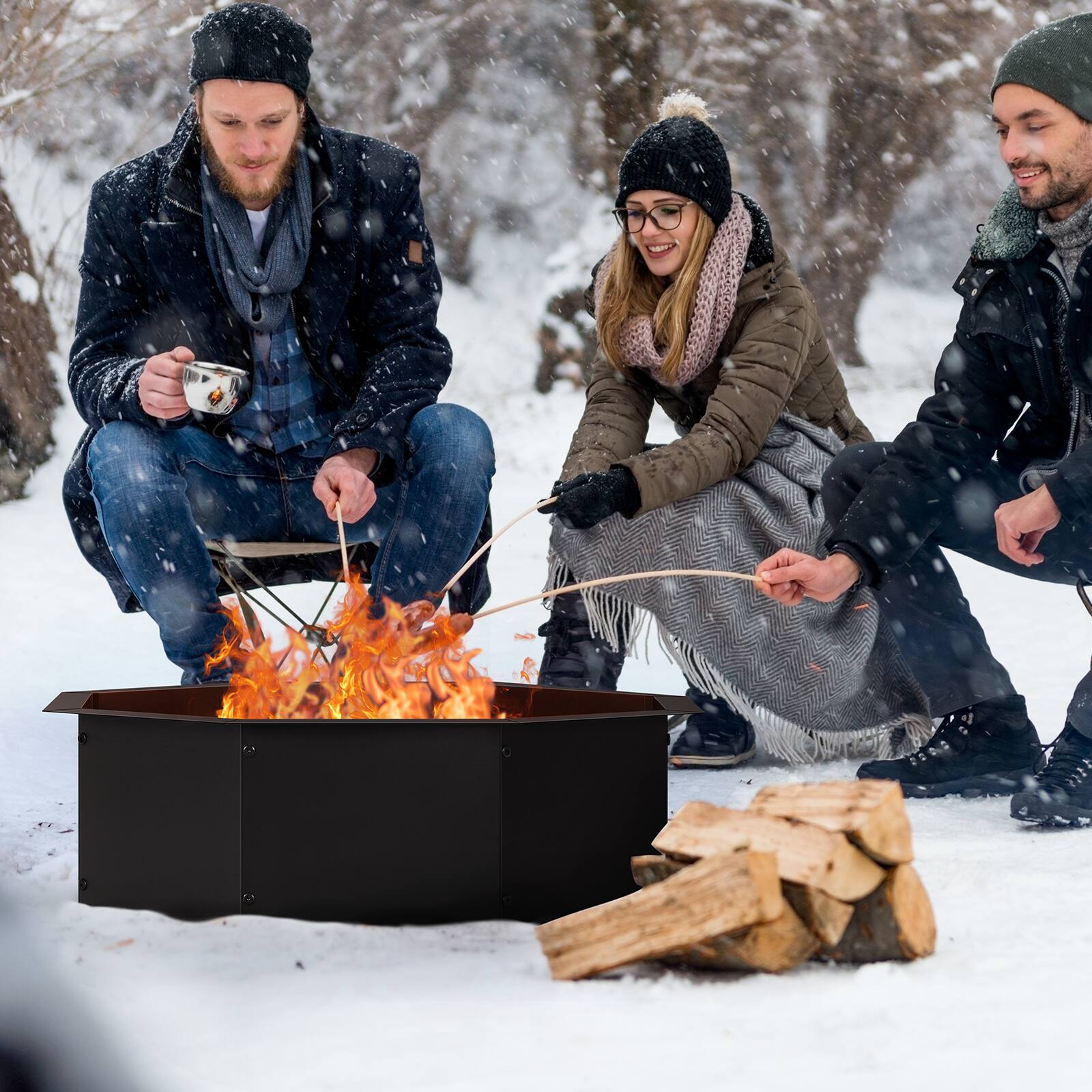 Alt View 3. Oumilen - Octagonal Fire Pit Ring, 2.5mm Thick Heavy Duty Black Steel Liner Fire Pit Insert for Outdoor Camping Backyard.