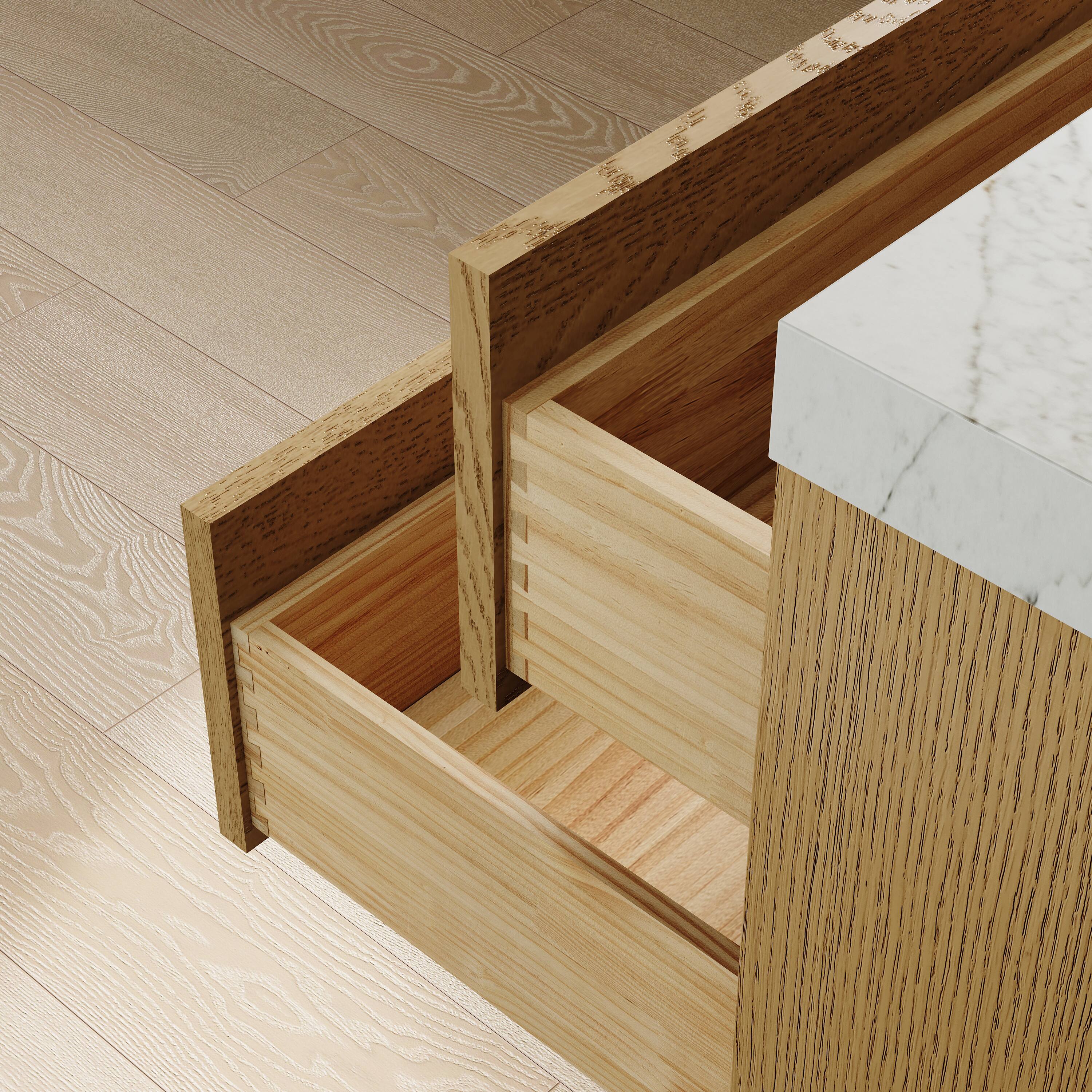 Left. WELLFOR - LYNOAK 60 in. Wall-mount Solid Wood Bath Vanity with Quartz Top, Single Sink, Soft Close, Assembled - OAK.