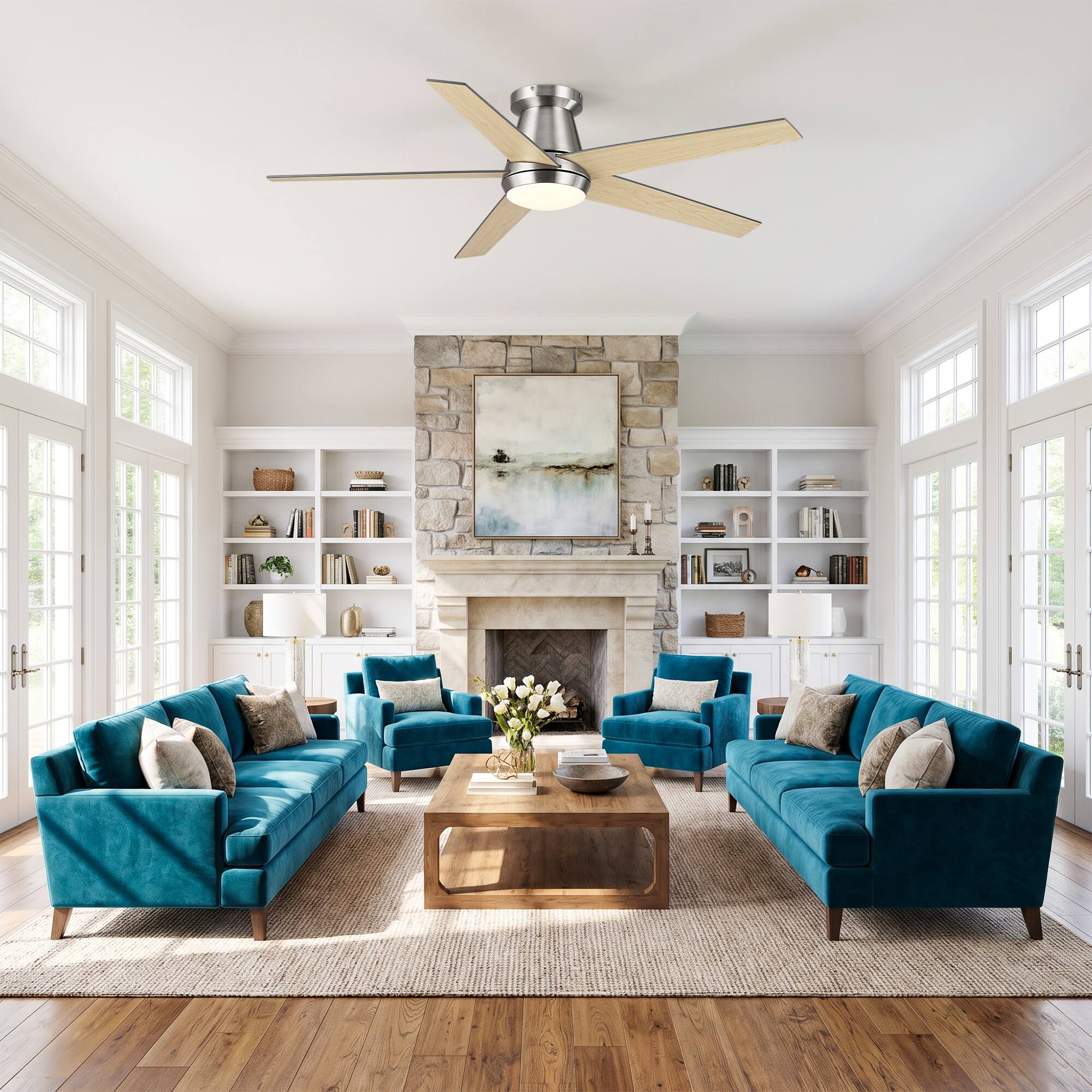 Angle. Vaczon - 52 Inch Modern Reversible Blades 3CCT Dimmable LED Smart Flush Mount Ceiling Fan with Light, Remote and App Control - Satin Nickel.