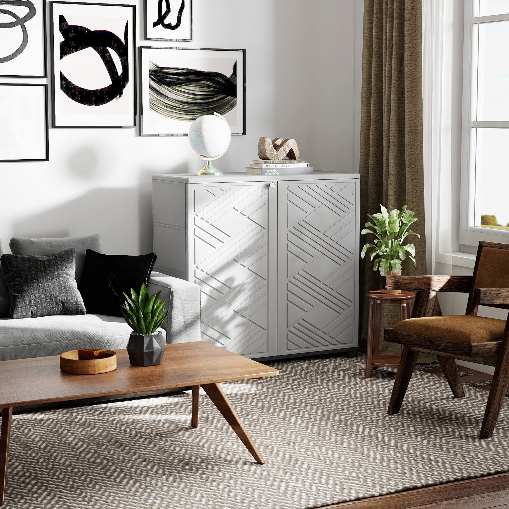 Left. Decksplore - Outdoor Storage Shed Weather Resistance, Horizontal Outdoor Storage Box Cabinet for Garden, Patios, Backyards - White.