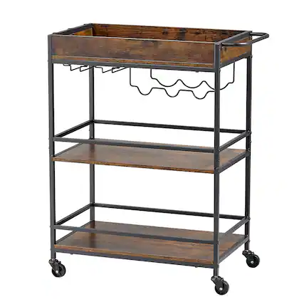 Front. VEVOR - Bar Cart, 3 Tiers Home Kitchen Serving Carts, Industrial Rolling Utility Station on Wheel, Mobile Drink Beverage Shelf - Black + Brown.