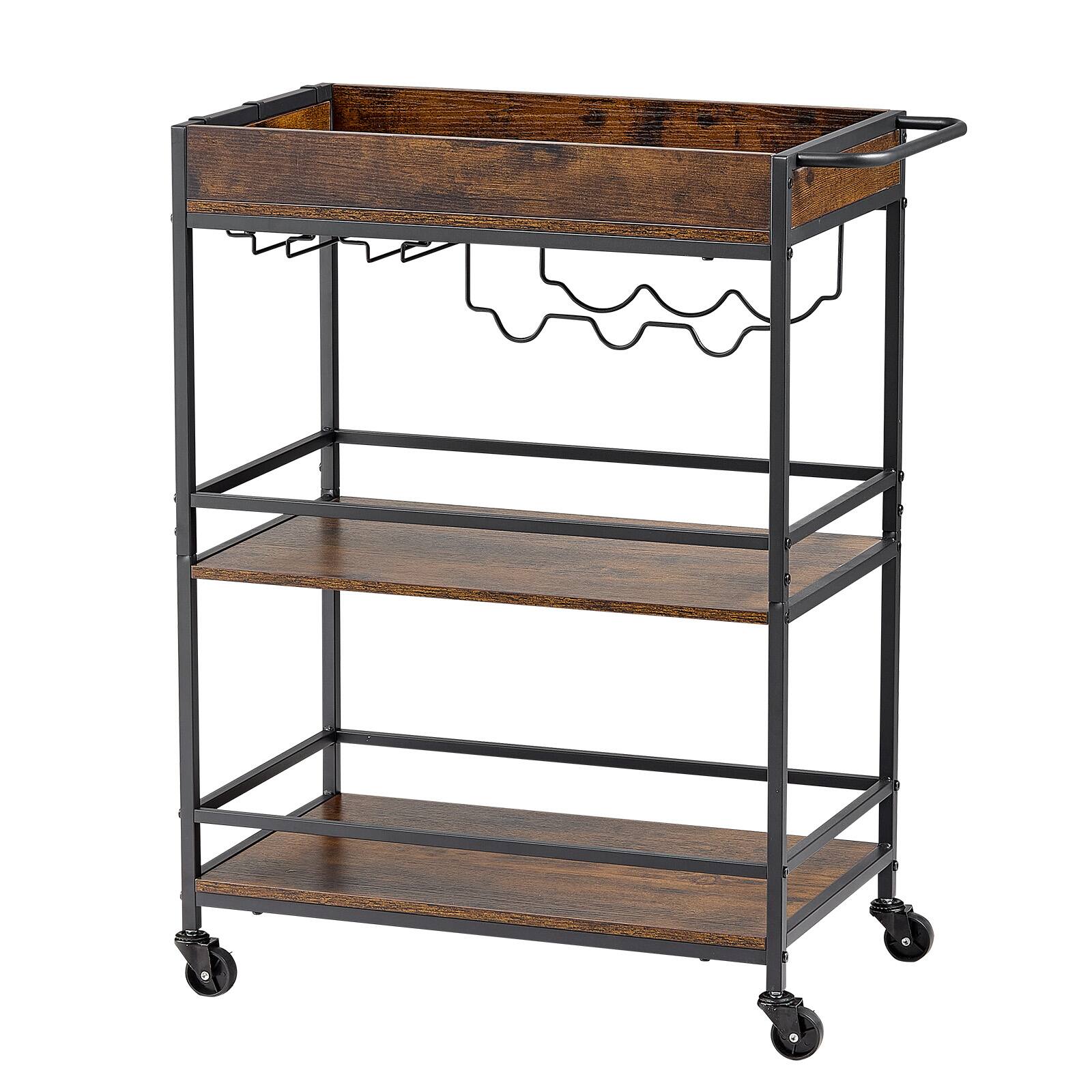Front. VEVOR - Bar Cart, 3 Tiers Home Kitchen Serving Carts, Industrial Rolling Utility Station on Wheel, Mobile Drink Beverage Shelf - Black + Brown.