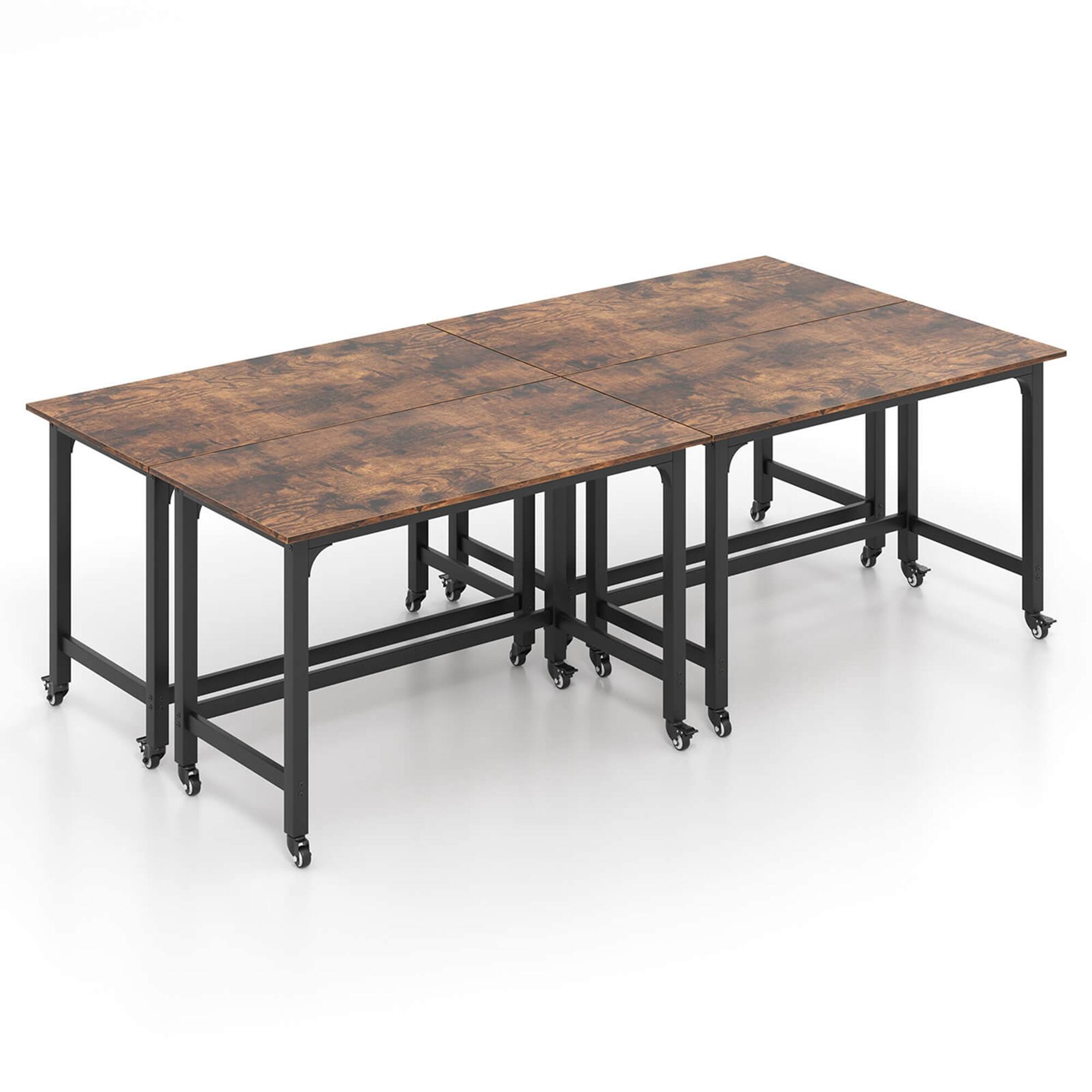 Costway - 4 PCS Rolling Computer Desk Metal Frame PC Laptop Table Wood Top Study Workstation - Rustic Brown,Black