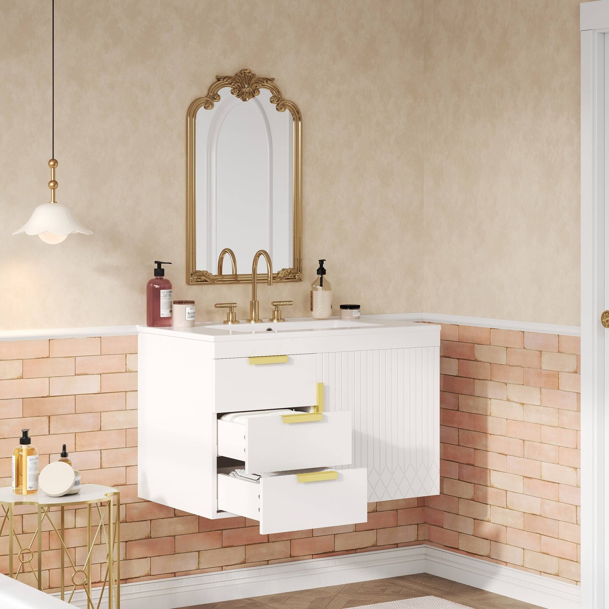 Alt View 5. Boyel Living - 30 Inch Wall Mounted Bathroom Vanity with Ceramic Sink and Drawers White - White.