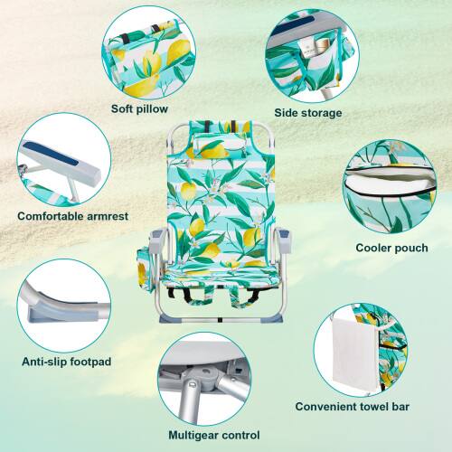 Soft pillow  
Side storage  
Comfortable armrest  
Cooler pouch  
Anti-slip footpad  
Convenient towel bar  
Multigear control